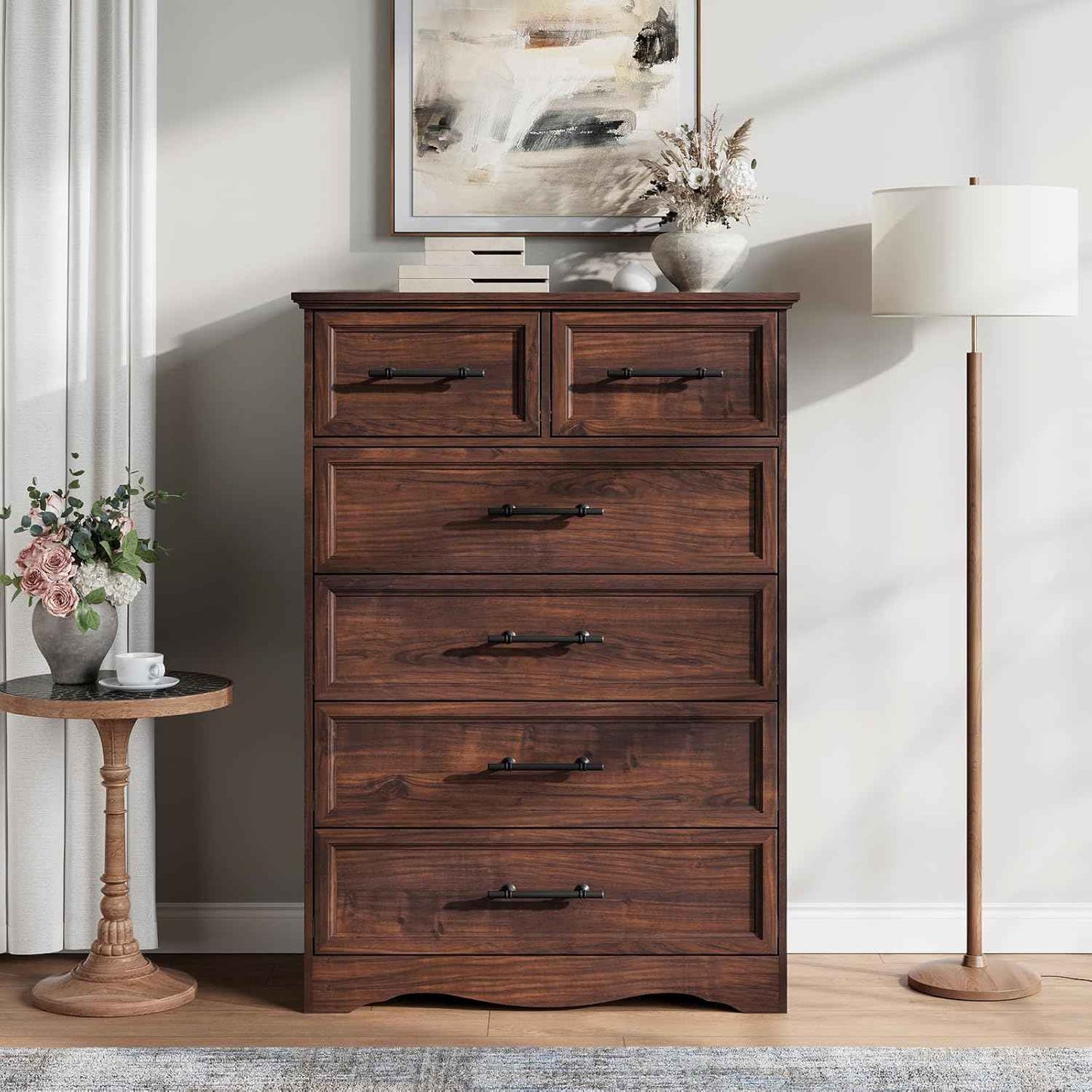Walnut Farmhouse Dresser for Bedroom, Modern 6 Chest of Drawers, 44" Tall Chest of Drawers with Brushed Metal Handle, Wood Closet Organizers and Storage Cabinet for Bedroom, Living Room, Hallway