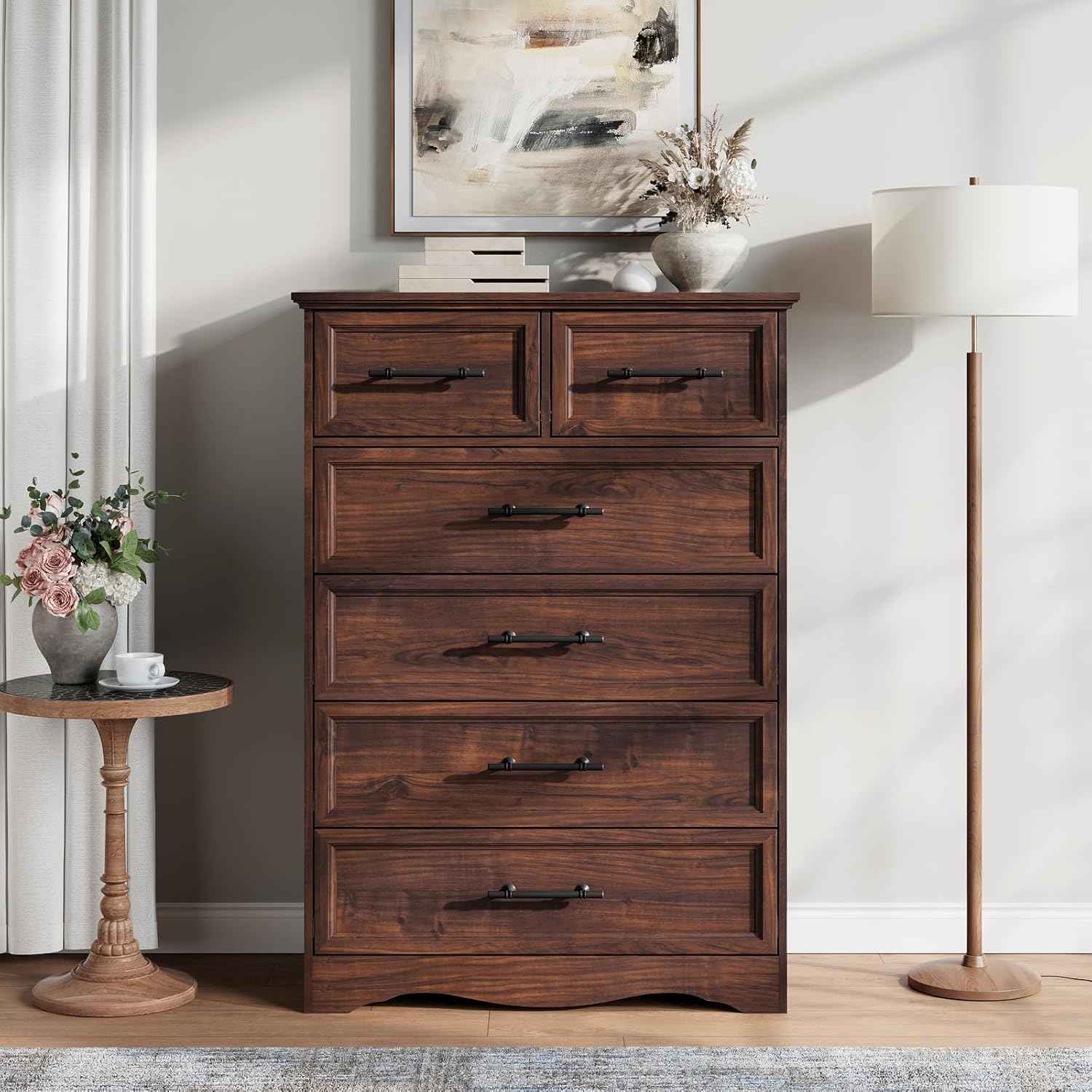 Walnut Farmhouse Dresser for Bedroom, Modern 6 Chest of Drawers, 44" Tall Chest of Drawers with Brushed Metal Handle, Wood Closet Organizers and Storage Cabinet for Bedroom, Living Room, Hallway