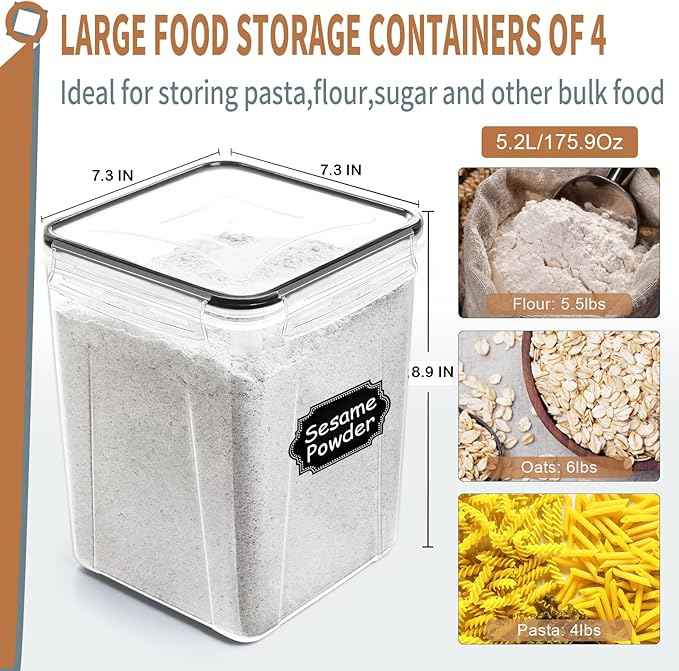 PRAKI Large Airtight Food Storage Containers 5.2L / 195oz, 4pcs Pantry Kitchen Organizers and Storage for Flour, Sugar, Baking Supplies, BPA Free, Plastic Flour Containers with 20 Labels & Maker