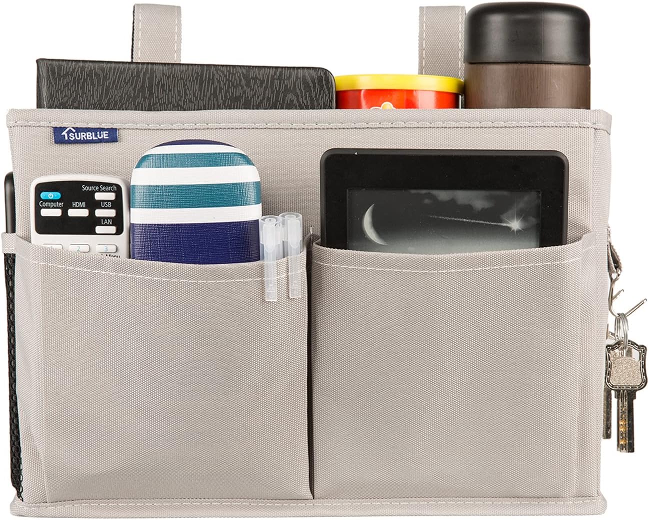 Surblue Bedside Caddy Hanging Bed Organizer Storage Bag Pocket for Bunk and Hospital Beds, College Dorm Rooms Baby Bed Rails,Camp 4 Pockets and 2 Hooks (Gray)