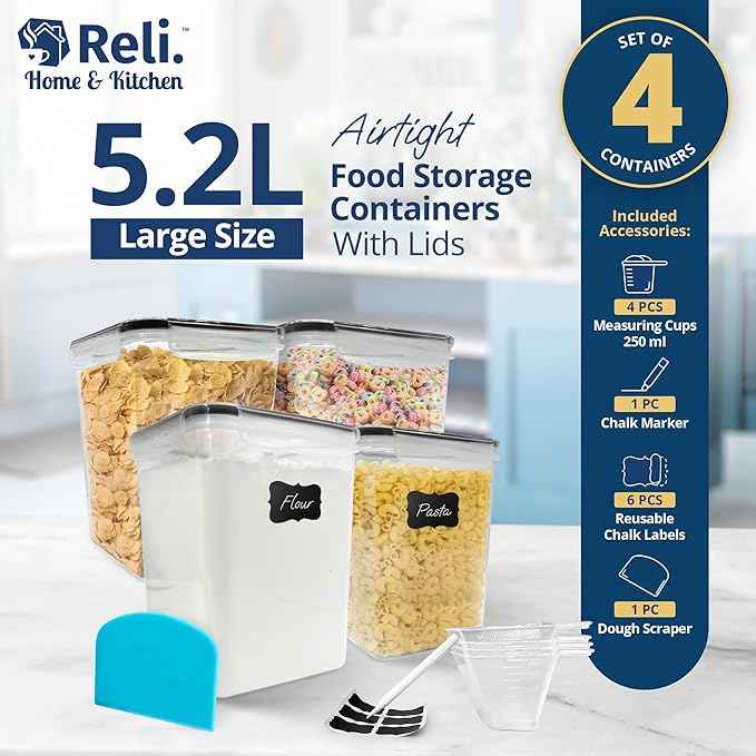 Reli. 5.2L Airtight Food Storage Containers with Lids (4 Sets) | Kitchen Organizers and Storage Pantry Organizers | BPA Free Plastic Container Set w/ 4 Measuring Cups, Dough Scraper, 6 Labels, Pen