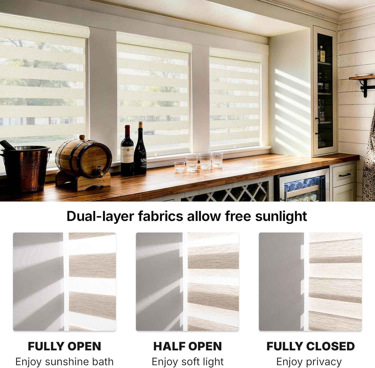 HESTIA Cordless Light Filtering Zebra Shades for Windows, Day Night Dual-Layer Linen-Look Woven Fabric Roller Shades, Privacy Light Control for Living Room/Home Office, Cream, 34" W x 77" H