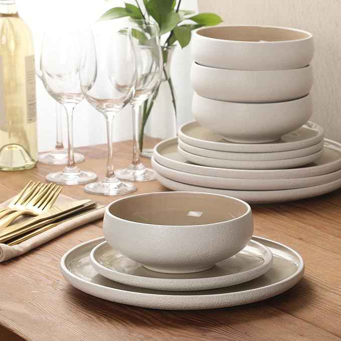 Gibson Elite Pacifco Beach Plates and Bowls Sets, 12-Piece Stoneware Dinnerware Sets, Reactive Glaze Dish Set - Taupe