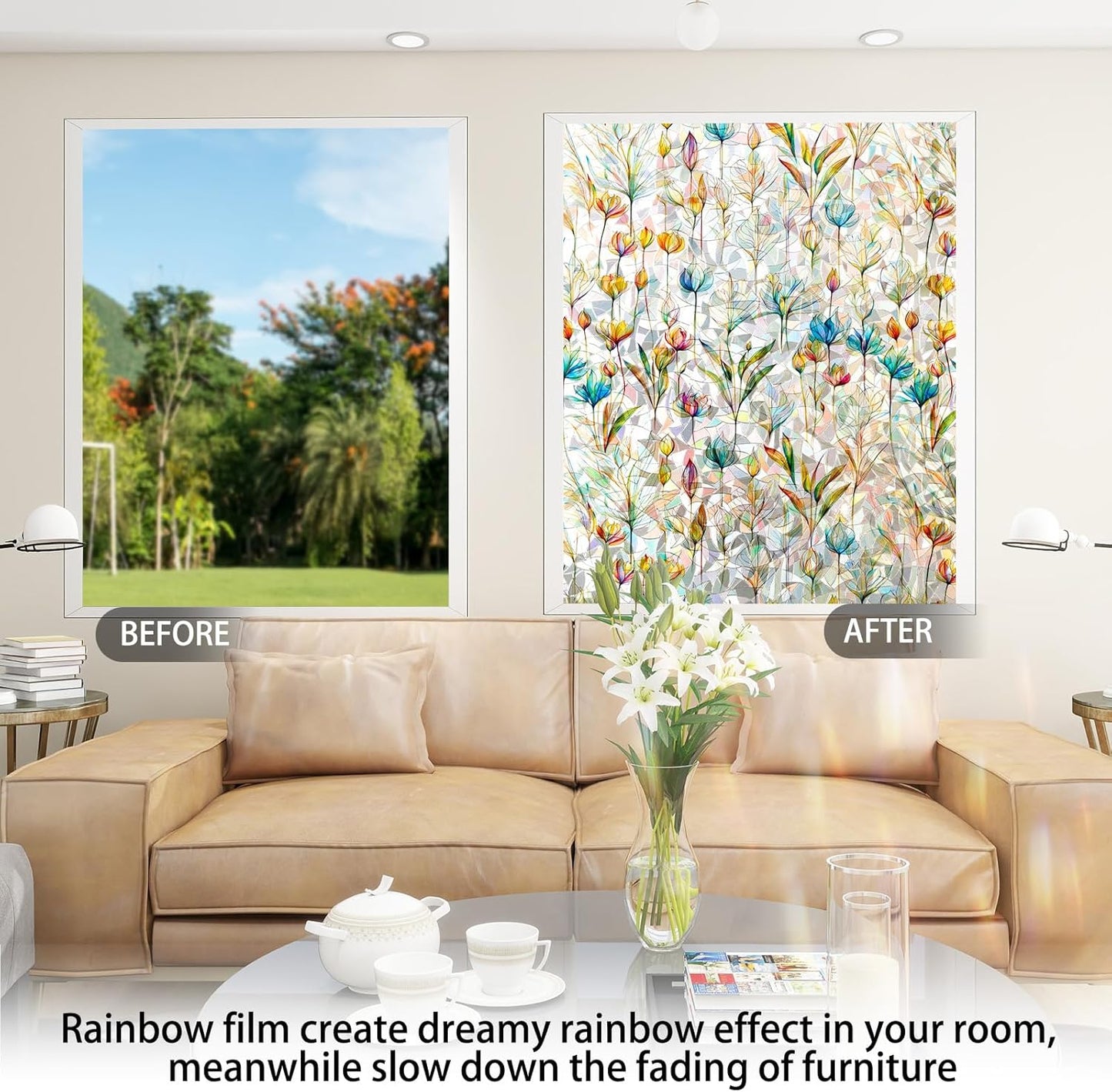 Rainbow Window Privacy Film 3D Floral Decorative Stained Glass Window Film Anti UV Non-Adhesive Reusable 23.6" x 78.7" for Home Room Car Glass Cling