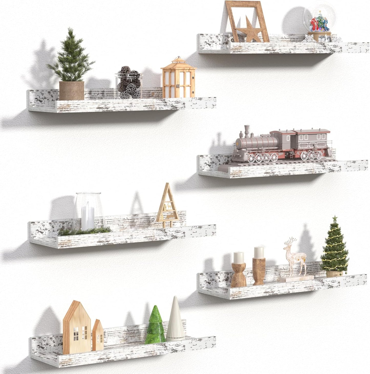 upsimples Floating Shelves for Wall, Wall Shelves for Decor Storage Set of 6, Wall Mounted Wood Shelf for Bedroom, Living Room, Bathroom, Kitchen, Picture Ledge Shelf, Rustic White