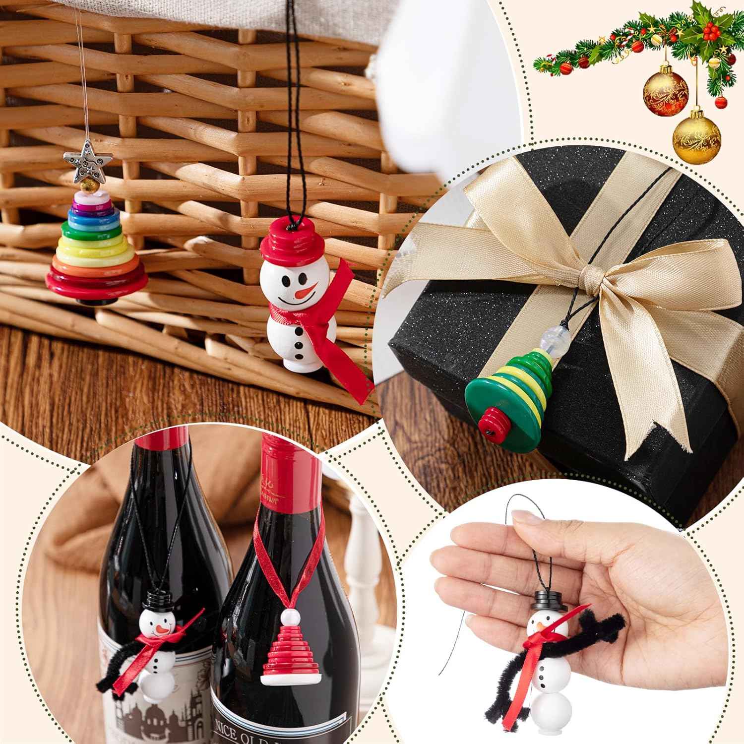 Soulchen 15 Sets Button Christmas Ornament Kit Christmas Tree Crafts Button Snowman Santa Hat DIY Colorful Hanging Ornament Kit for Holiday Decoration Xmas Party Supplies Favors Gifts