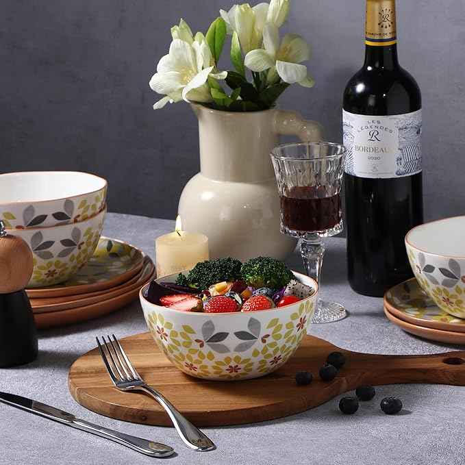 Lorren Home Trends Floral Dinnerware Set, 12 Piece, Bone China, Yellow and Gray Pattern, Microwave and Dishwasher Safe