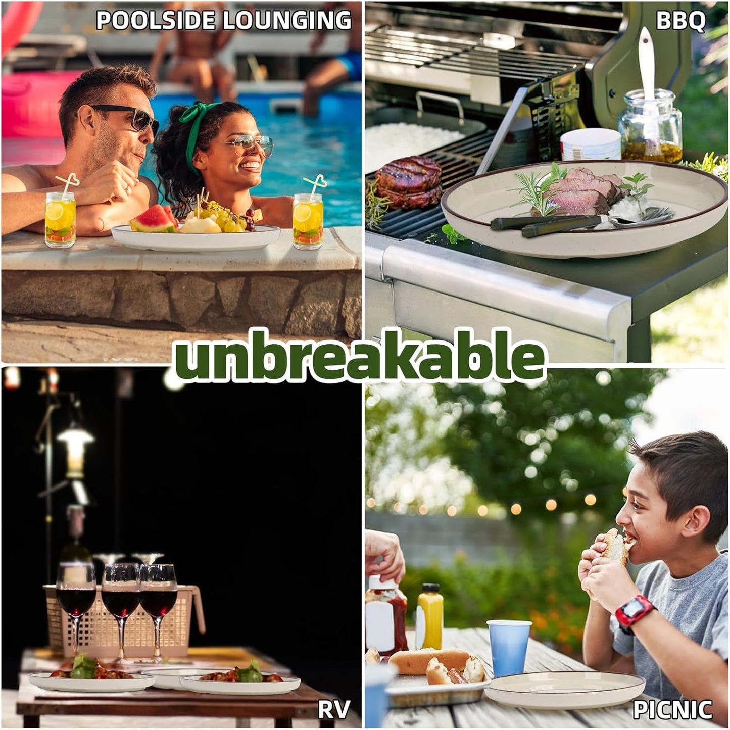 Melamine Dinnerware Sets 12 Piece Butter Yellow Base with Speckles Unbreakable Plates & Bowls Sets Lightweight Shatterproof Durable Dishware for Camping Picnic Party(Butter Yellow with Dark Brown Rim)