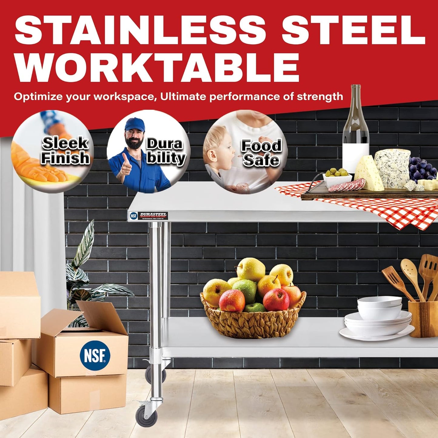 DuraSteel 24x48 NSF Stainless Steel Cart - Heavy Duty Food Prep Table with Undershelf - Rolling Kitchen Island on Wheels for Commercial Restaurant Kitchen, Garage, Outdoor Cooking, BBQ Grill, Counter