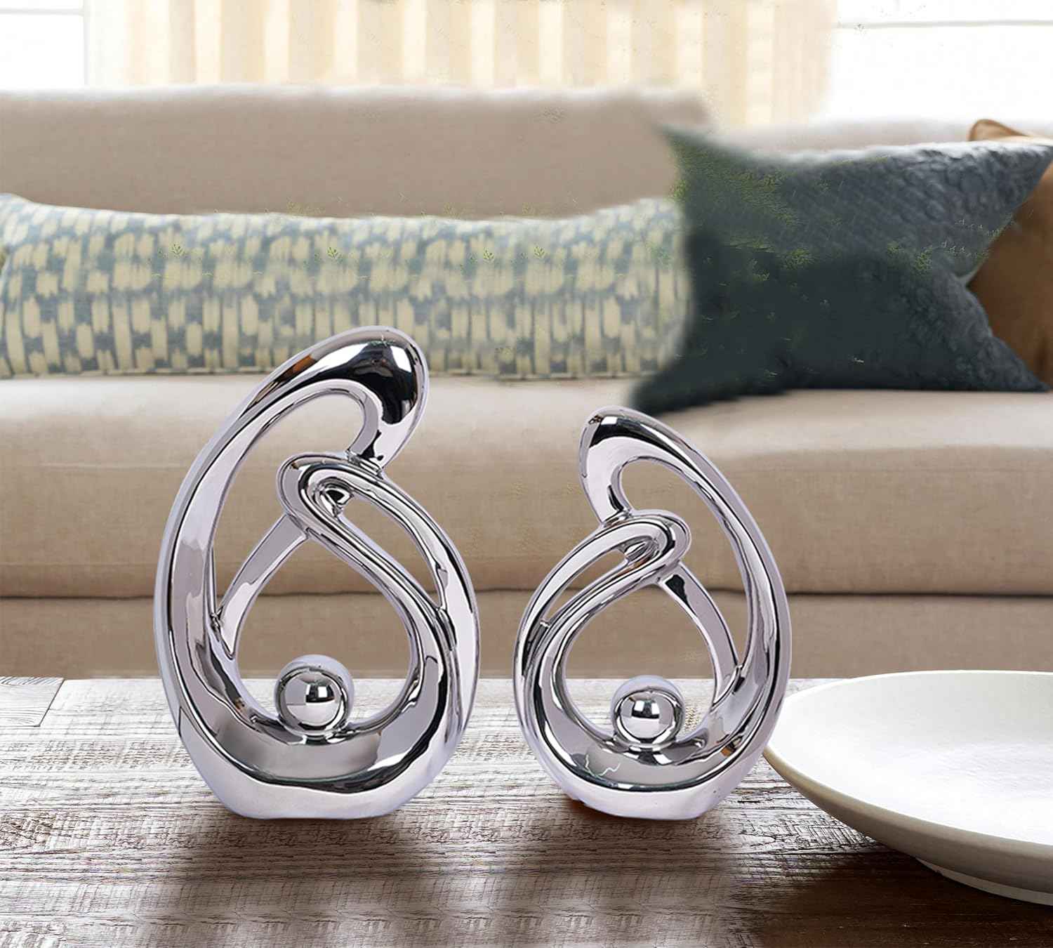2 Pcs Silver Decor Sculpture Table Decorations Ceramic Decor Mid Century Modern Decor Statue and Figurine Centerpieces for Living Room Dining Room Kitchen Fireplace Shelf Office Coffee Table Decor