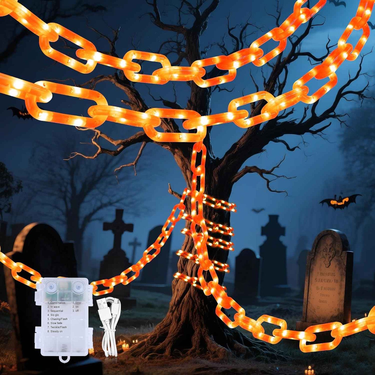 woohaha Halloween Decorations Plastic Chain Lights，10.5FT 175LED Orange Battery/USB Props Chains String Lights,8 Modes and Timer for Outdoor Halloween Party Creepy Cosplay Spooky Ornaments