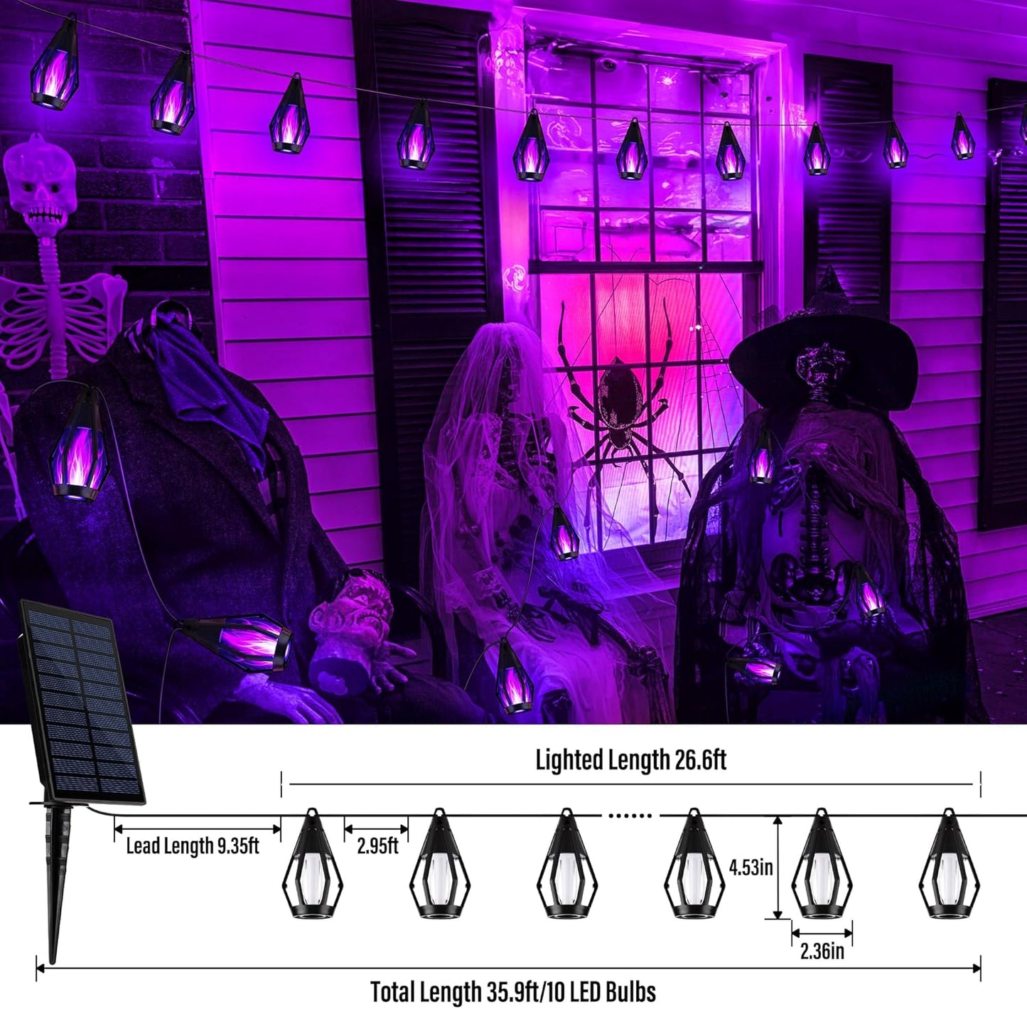 iBaycon Solar Halloween Lights, 27Ft 10 LED Bulbs Flickering Flame String Light, Outdoor Waterproof Solar Flame Lights for Garden Yard Patio Halloween Decorations (Purple)