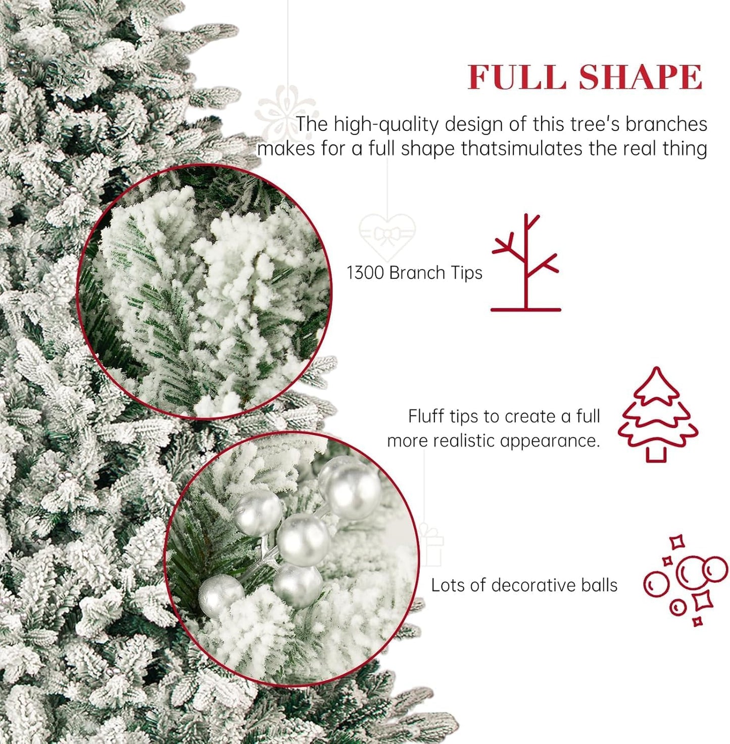 Outroad 7ft Snow Flocked Christmas Tree Premium Hinged Artificial Pine Tree, Xmas Tree Metal Stand and 1000 Lush Branch Tips Holiday Decorate, Easy to Assemble, White