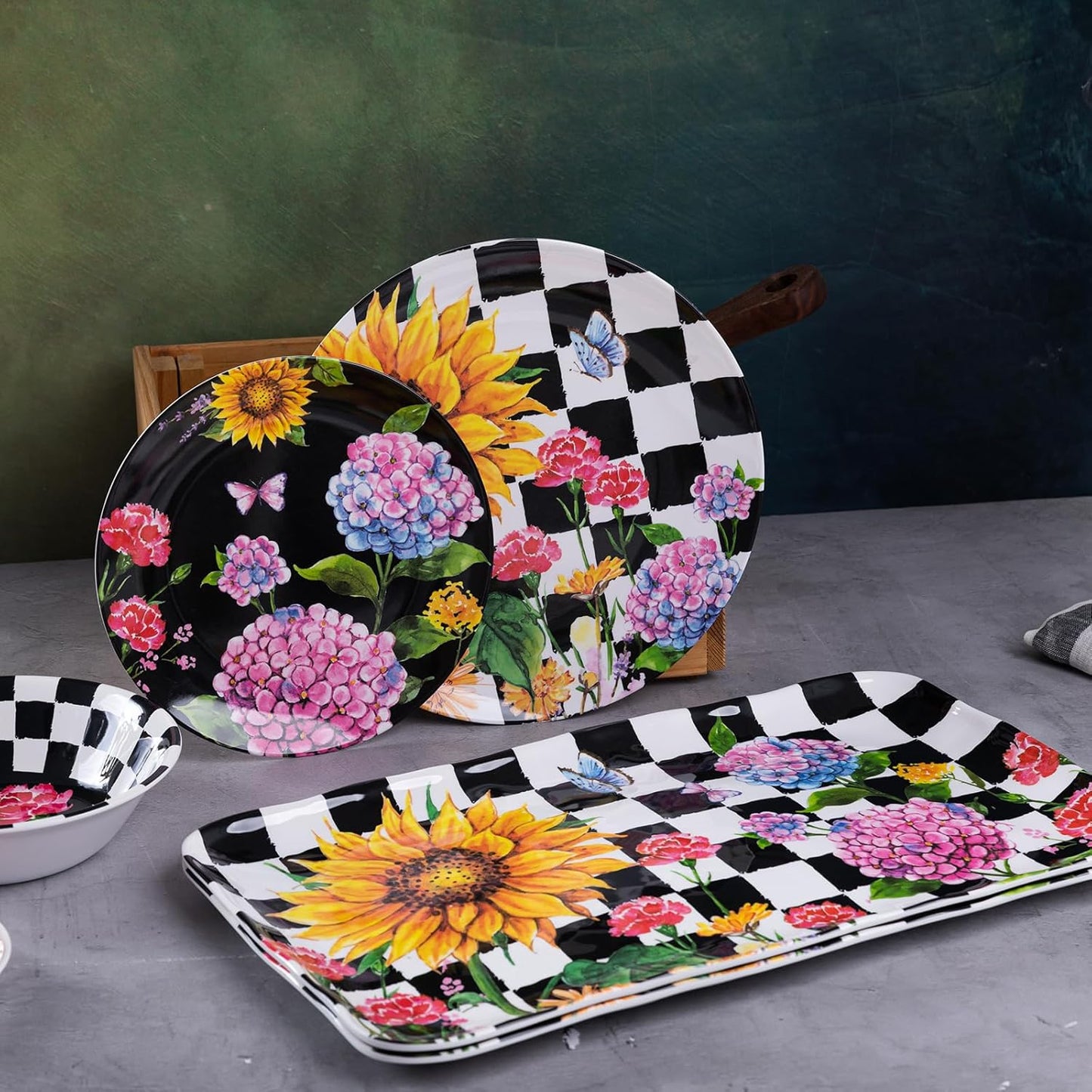 LEHAHA Sunflower 12-Piece Melamine Dinnerware Set Include Plates/Dishes and Bowls, Service for 4, BPA Free and Unbreakable Black Plaid Floral Dish Set for Indoor and Outdoor Use…