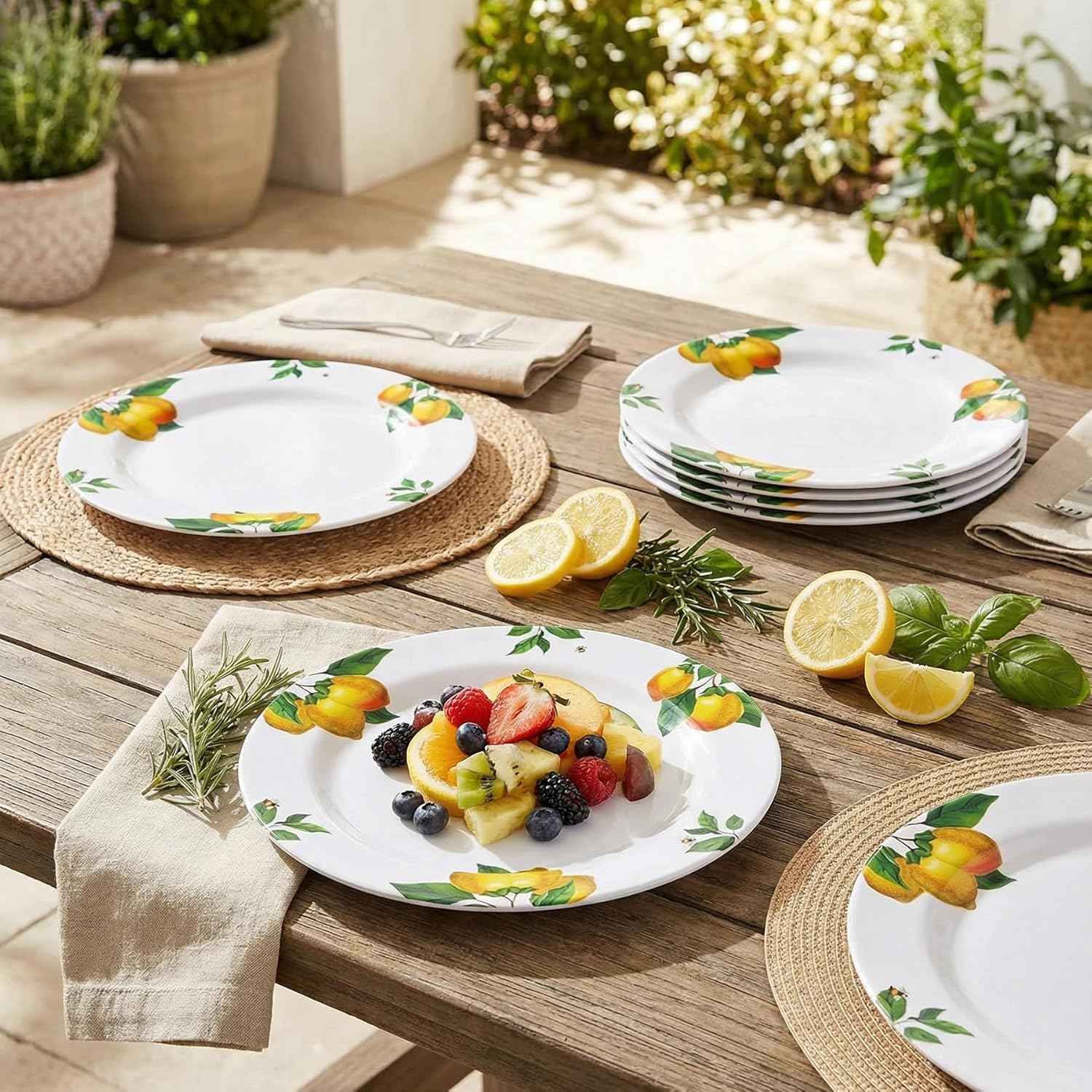 Melamine Dinner Plates 10 Inch – Lemon Print Design Dishes Set of 6,Outdoor & Indoor Use,Shatterproof & Dishwasher Safe,Perfect for Picnic, Patio, and Everyday Dining,White