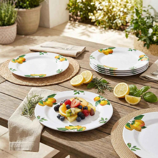 Melamine Dinner Plates 10 Inch – Lemon Print Design Dishes Set of 6,Outdoor & Indoor Use,Shatterproof & Dishwasher Safe,Perfect for Picnic, Patio, and Everyday Dining,White
