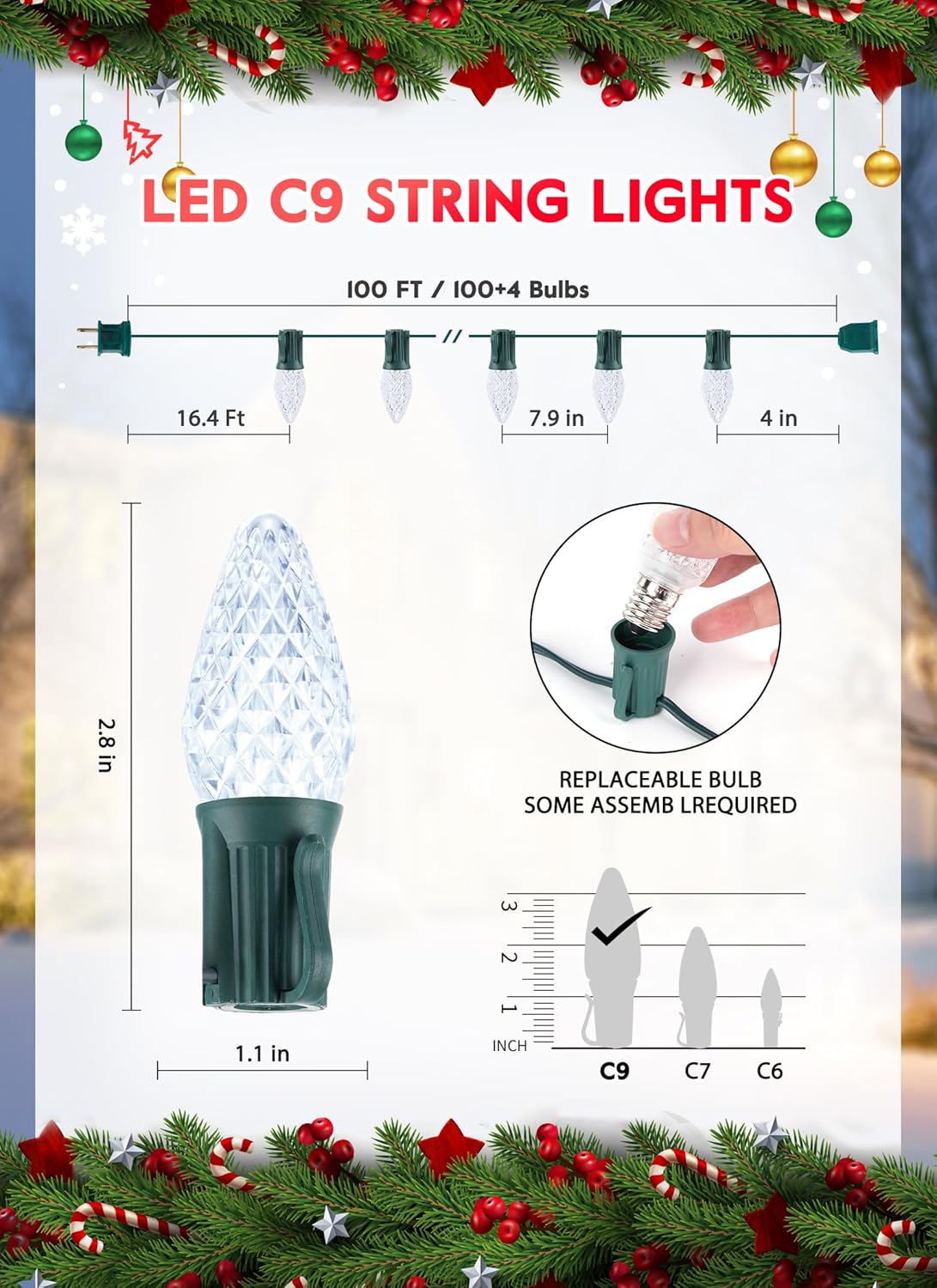 Minetom 100 Feet Commercia C9 Led Outdoor Christmas Lights, C9 Christmas String Lights with 100 Strawberry Plastics Bulbs, Connectable UL Certified for Indoor Roofline Holiday Backyard Xmas Decor
