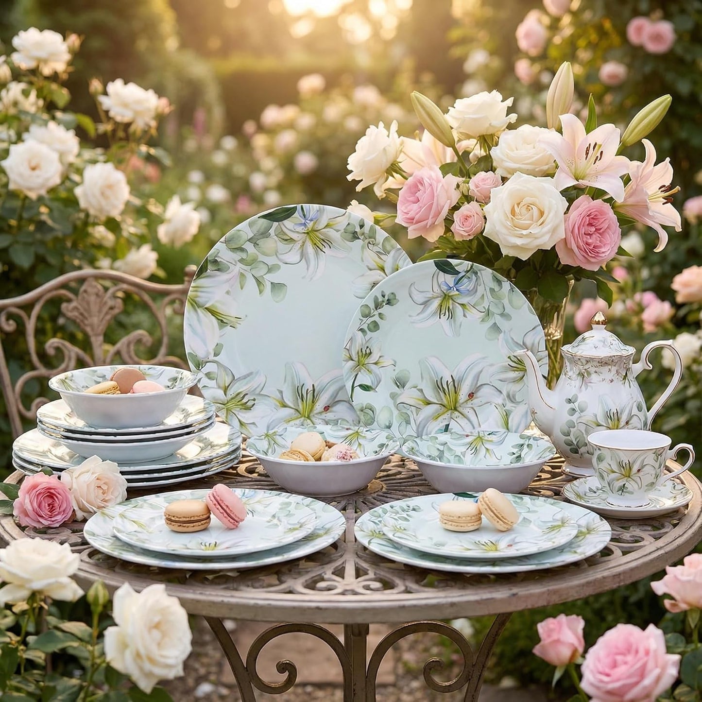 12-Piece Melamine Dinnerware Set - Shatterproof Plates and Bowls Sets for Everyday Dining,Elegant Lily Pattern Dish Set, Outdoor Picnics and RV Camping Green & White