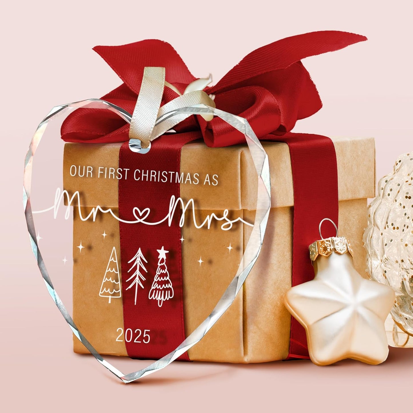 First Christmas Married Ornament 2025 - Mr and Mrs Gifts, Wedding Gifts - Wedding Gift for Couples 2025, Newlyweds, Bride - Bridal Shower Gift Ideas - Glass Christmas Hanging Ornament