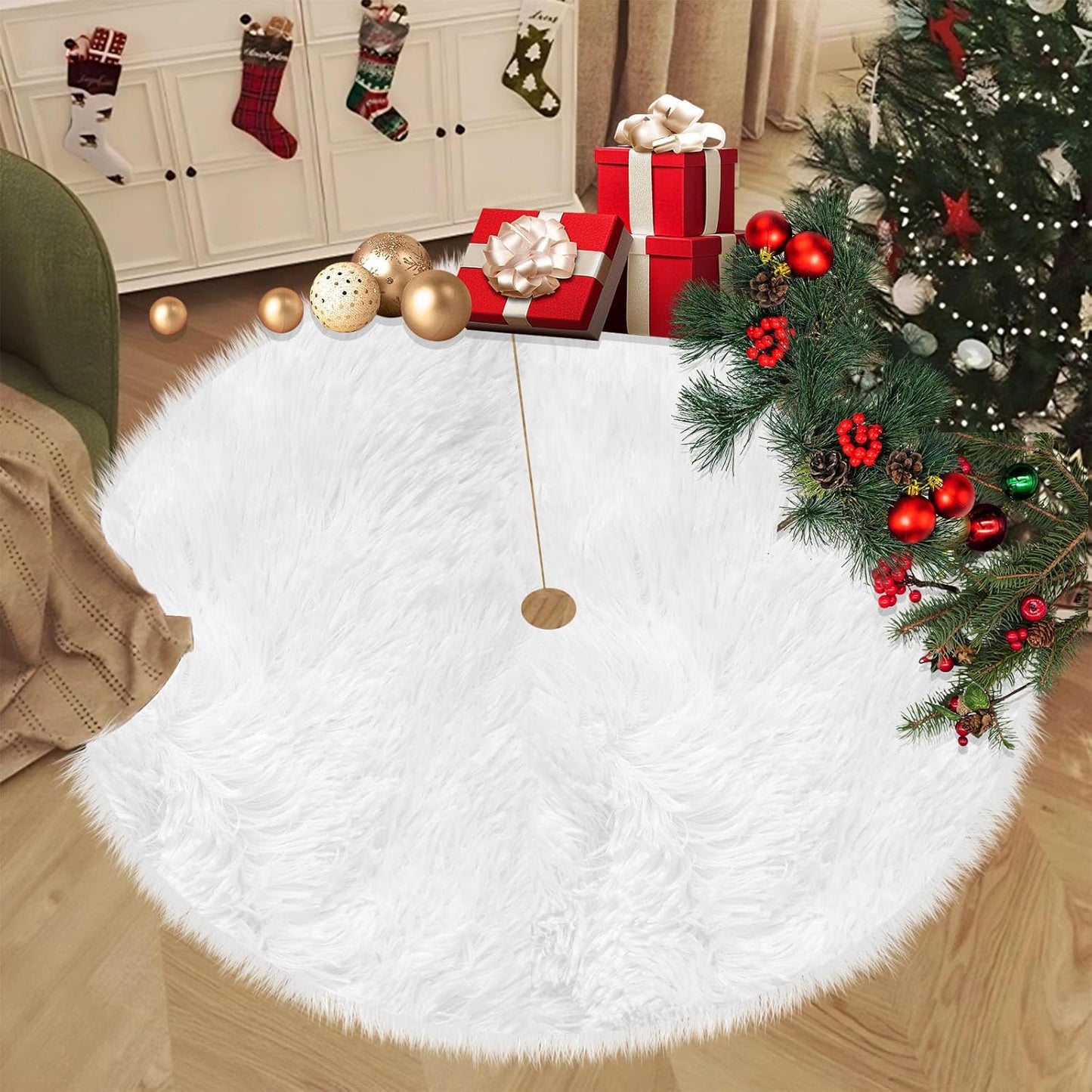 48 Inch Christmas Tree Skirt, White Plush Faux Fur Tree Skirts for 7.5 to 9 ft Trees, Snowy Xmas Tree Mat Decorations for Holiday Christmas Halloween Indoor Outdoor Decor