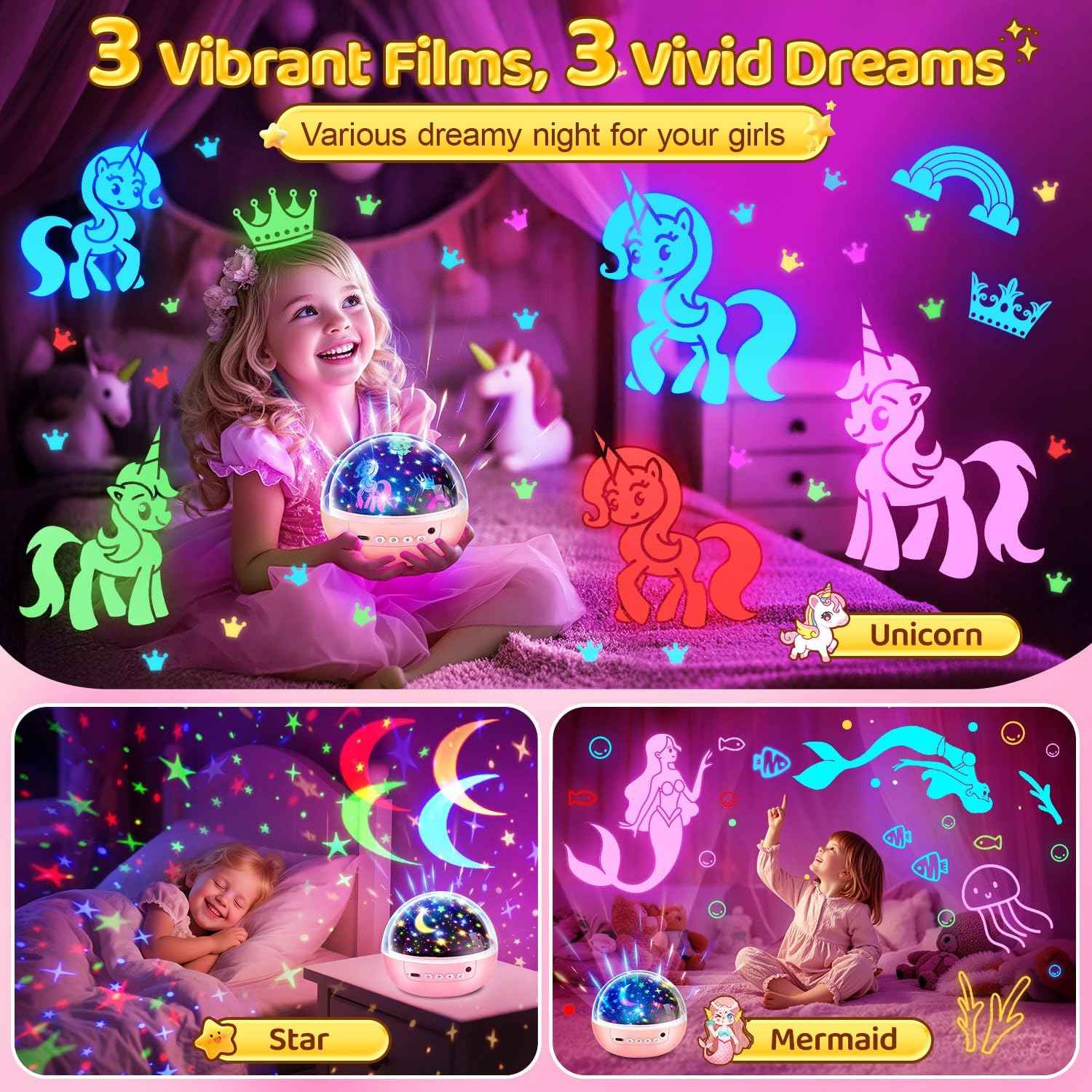 Girl Gifts & Toys, 【3 Film & 93 Colors】Kids Night Light Projector, Unicorn Toys+Princess Toys+Mermaid Toy+Night Light for Kids, 4 Year Old Girl Birthday Gifts, Juguetes para Niñas, Muñecas para Niñas