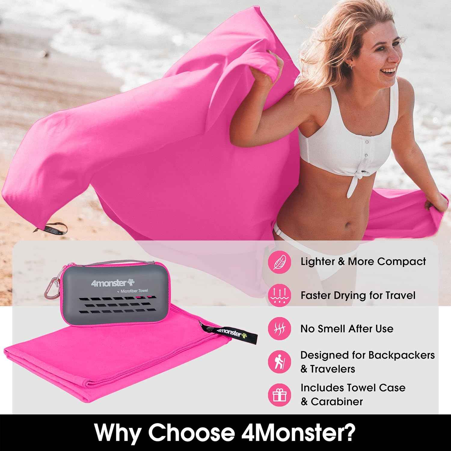 4Monster Quick Dry Travel Towel with Case & Carabiner – Super Absorbent Microfiber Gym & Camping Towel. Compact, Lightweight, Fast Drying for Beach, Swimming, Hiking, Backpacking