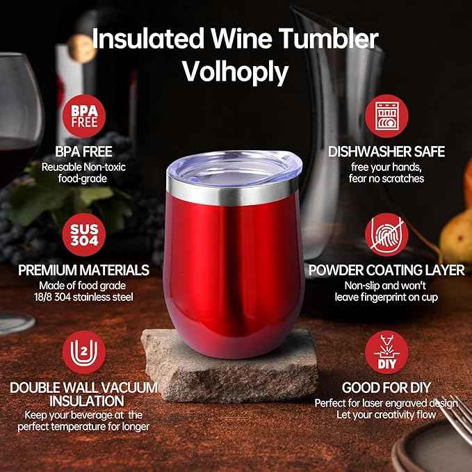 Volhoply 12oz Stainless Steel Wine Tumbler with Lid and Straw,Double Wall Vacuum Insulated Stemless Wine Glasses,Reusable Travel Coffee Mug for Cold Drinks,Small Tumblers Gifts for Her Him（Red,1 Set）