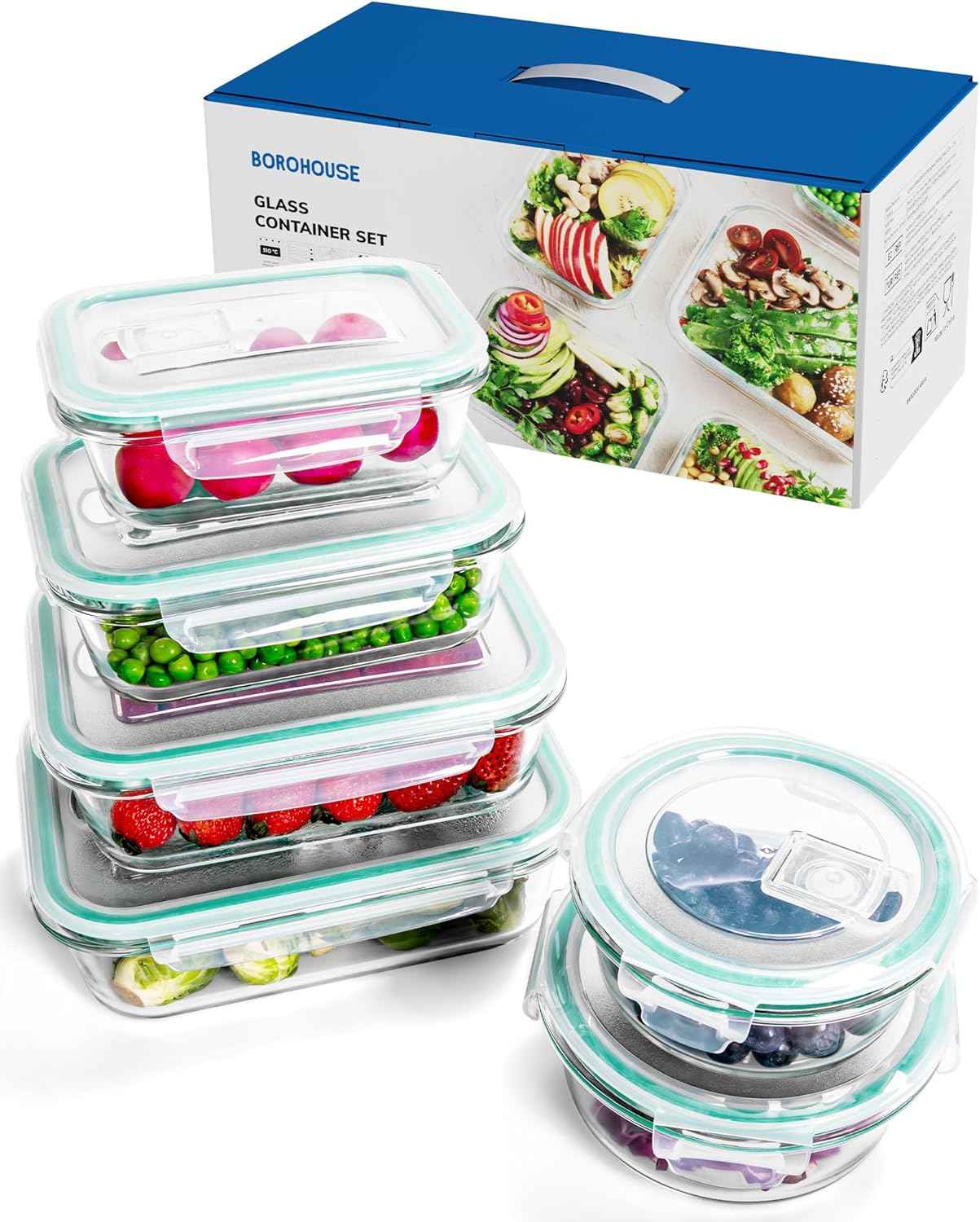 6-Pack Borosilicate Glass Food Storage Containers Set with Airtight Lids - Oven, Microwave & Freezer Safe, Leak-Proof, BPA-Free - Baking, Meal Prep & Gift Ready