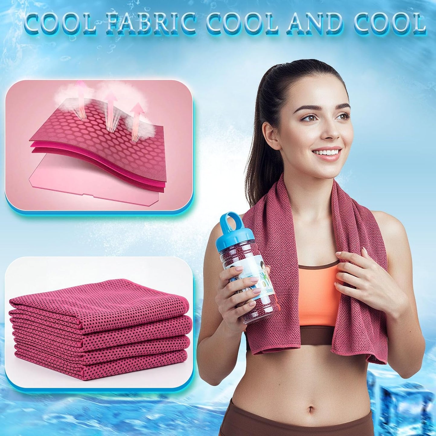 Honoson 10 Pcs Cooling Towels for Neck and Face, 47"x12" Sports Breathable Ice Towels Microfiber Chilly Sweat Rags with Portable Bottle for Gym Golf Athletes Yoga Workout Hot Weather (Rose Red)