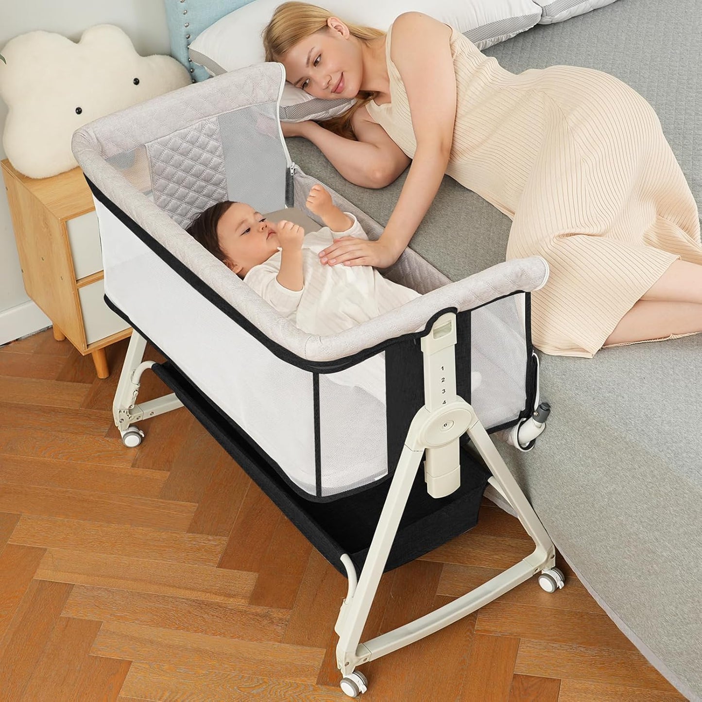 Baby Bassinet Bedside Sleeper for Baby,Bedside Bassinet with Wheels and Storage Basket,All Mesh 6 Height Adjustable Easy to Assemble Bedside Crib (Upgrade Black)