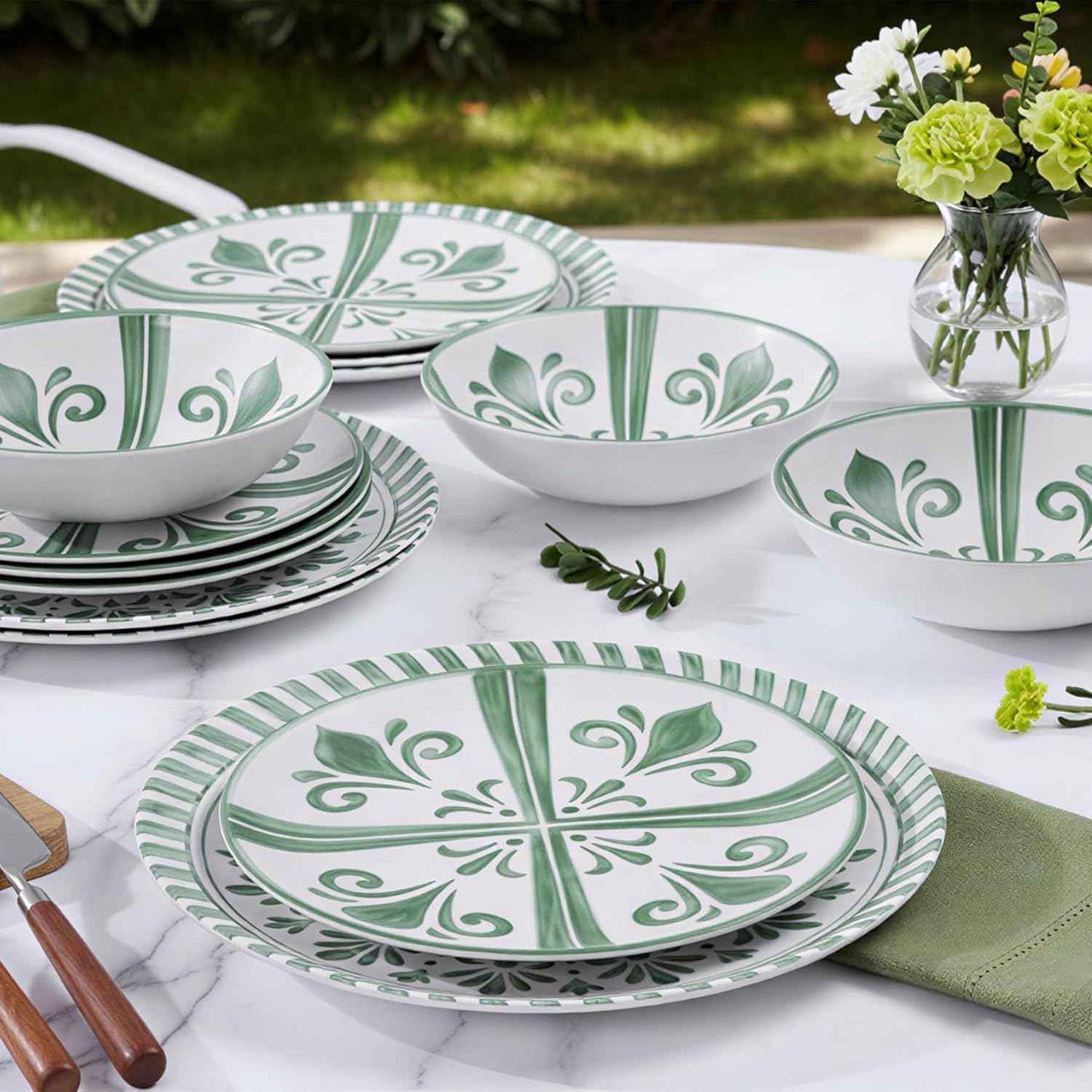 Melamine Dinnerware Sets, Dinnerware Sets for 4, 12Pcs Plates and Bowls Sets, Green Floral Embossed Design Dish Set for Indoor and Outdoor Use