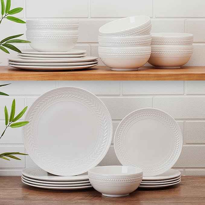 Pfaltzgraff Josephine 24-Piece Dinnerware Set, Porcelain Dish Set with Embossed Basket Weave Design, Service for 8, White Plates and Bowls Sets, Microwave and Dishwasher Safe