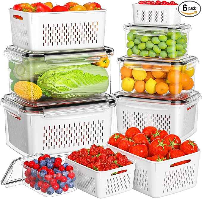 6 PCS Fruit Storage Containers for Fridge with 6 Removable Colanders, BPA Free Fruit Containers for Fridge, Dishwasher & Microwave Safe Produce Containers Keep Fruits, Vegetable, Berry Fresh Longer