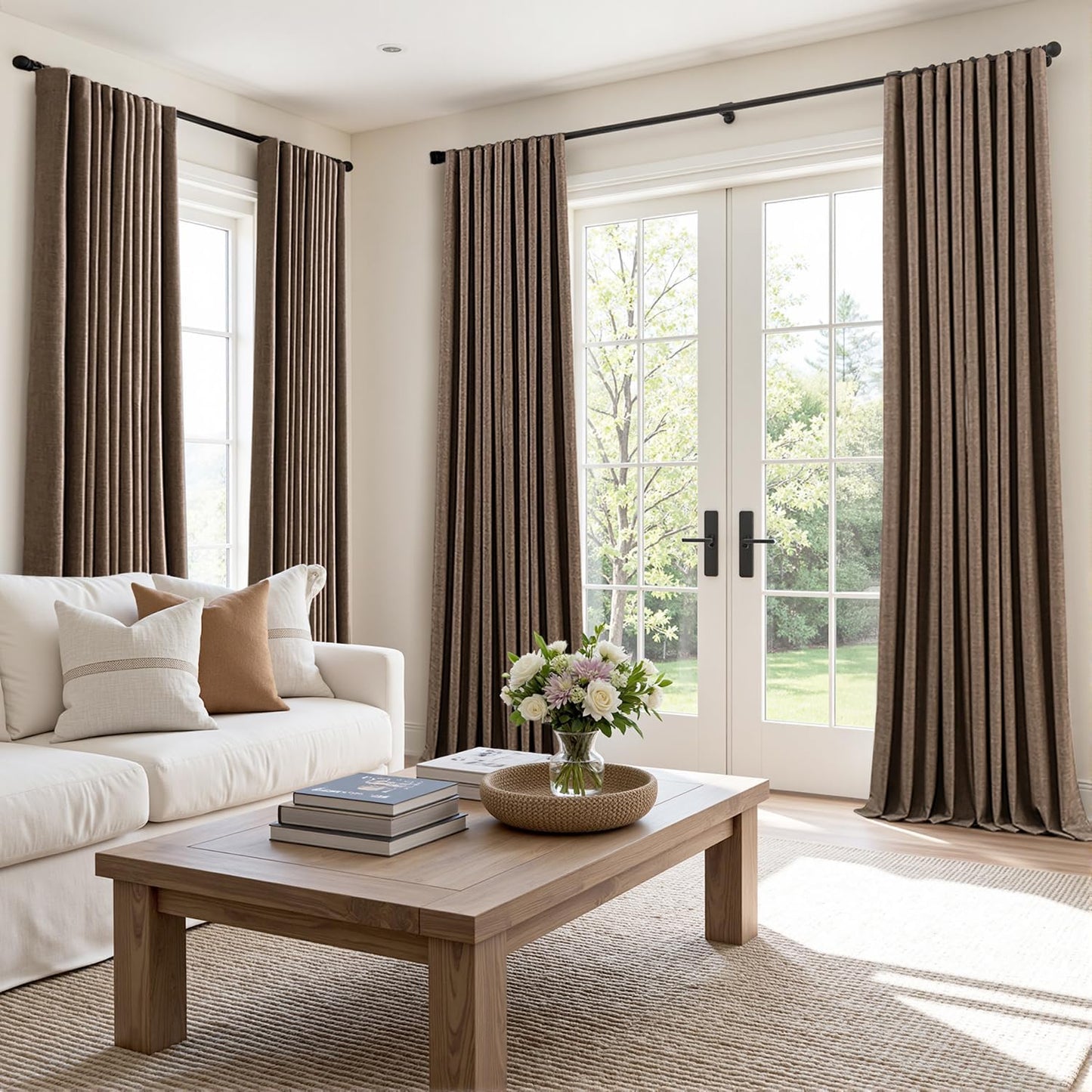 MIULEE 100% Blackout Curtains 120 Inch Long 2 Panels Set for Bedroom, Thick Faux Linen Black Out Curtain Room Darkening Back Tab Pleat Window Textured Drapes with Hooks for Living Room, Dutch Cocoa