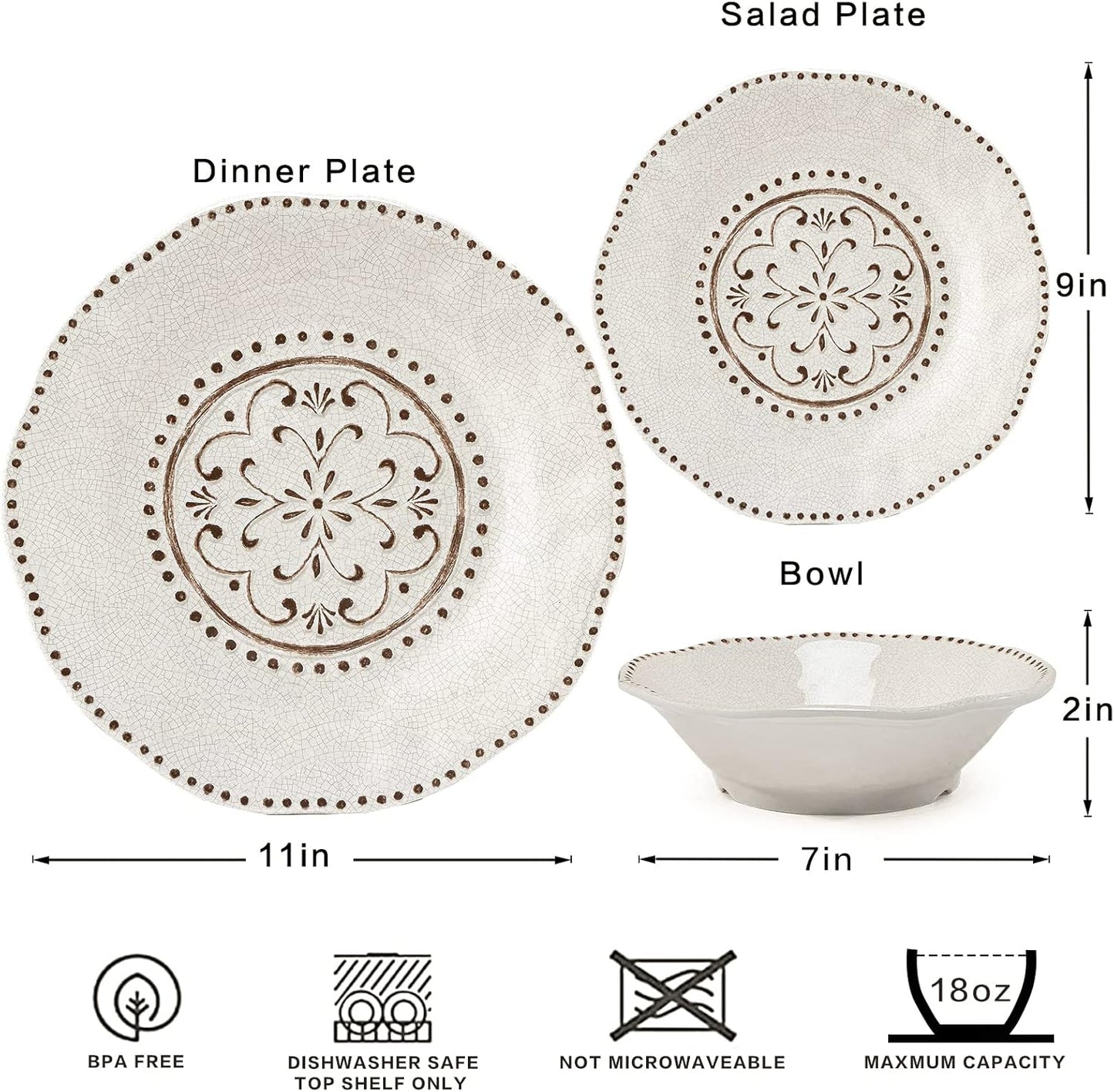 LEHAHA Beaded Crackle 12 Piece Melamine Camping Dinnerware Set, Plates and Bowls Sets, Indoor and Outdoor Use, Break-Resistant Rustic RV Dishes Set, Service for 4(Ivory)…