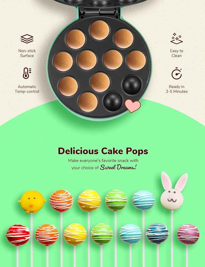 Bestron Cake-Pop-Maker im Retro Design, inklusive Cake-Pop-Butler, Gabel & 12 Cake-Pop-Sticks, mit Antihaftbeschichtung,700 W, Farbe: Mint