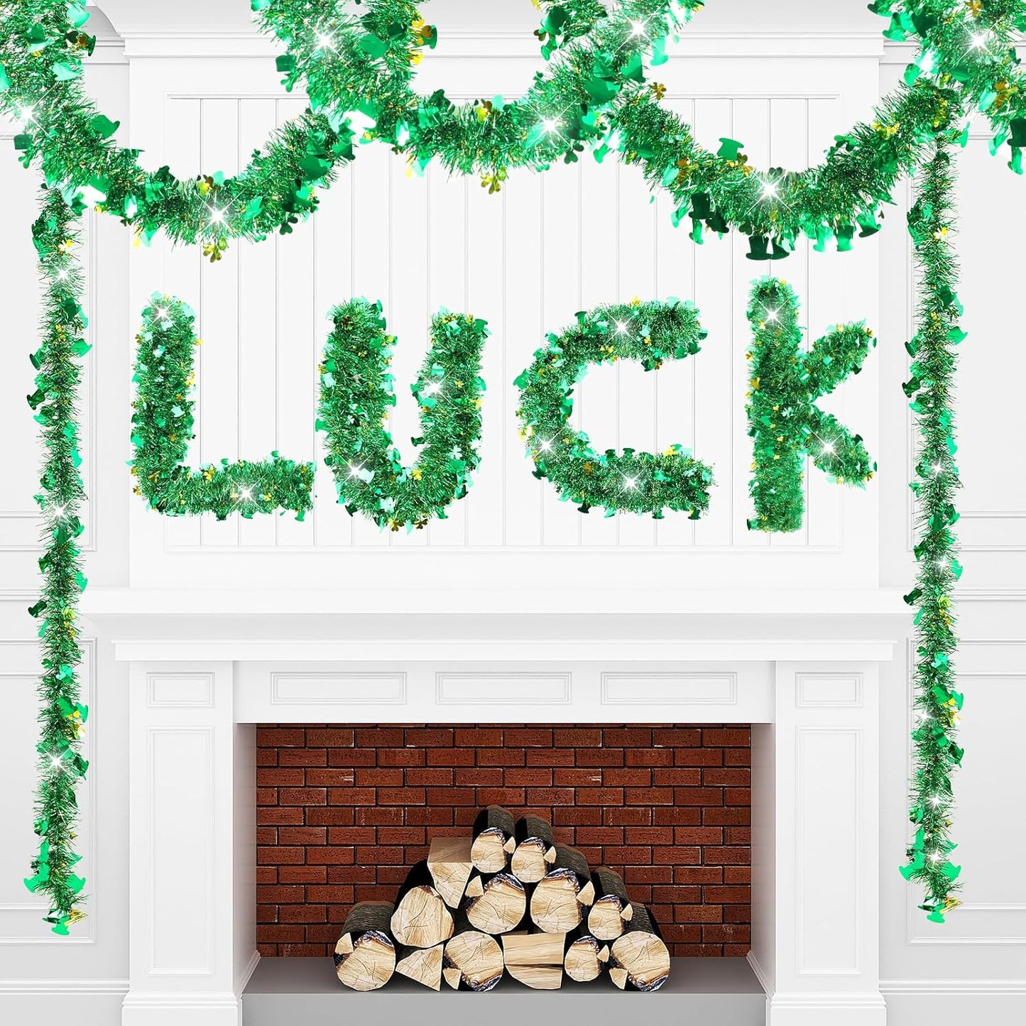 33 FT St Patricks Day Garland with Gold Green Shamrock Hat Tinsel Garland,Shiny Metallic Garlands St Patricks Day Decor for Home Indoor Outdoor St Patricks Party Supplies