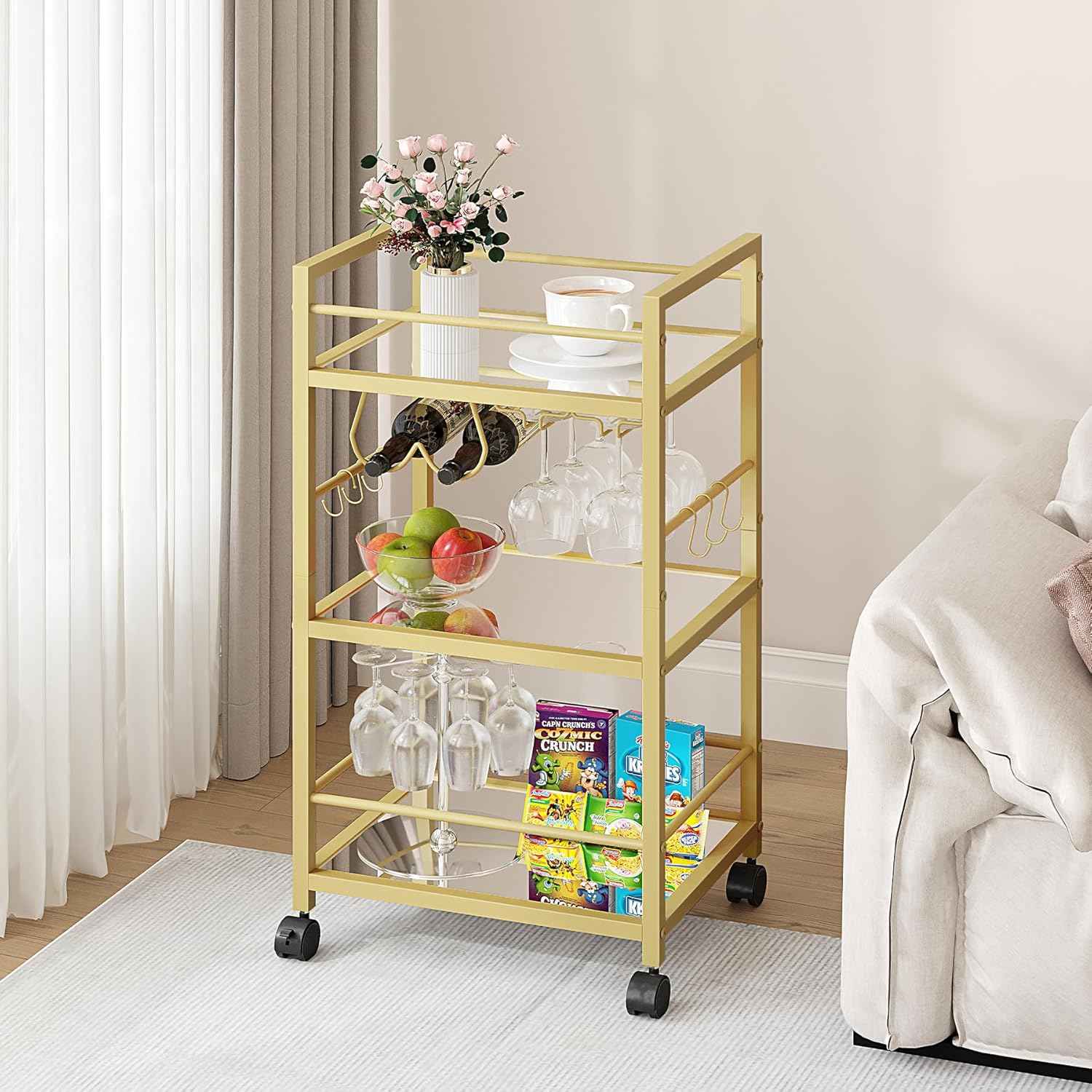 Bar Cart, Serving Cart for Home, Microwave Cart, Drink Cart, Mobile Kitchen Shelf with Wine Rack and Glass Holder, Rolling Beverage Cart for Dining Room, Gold