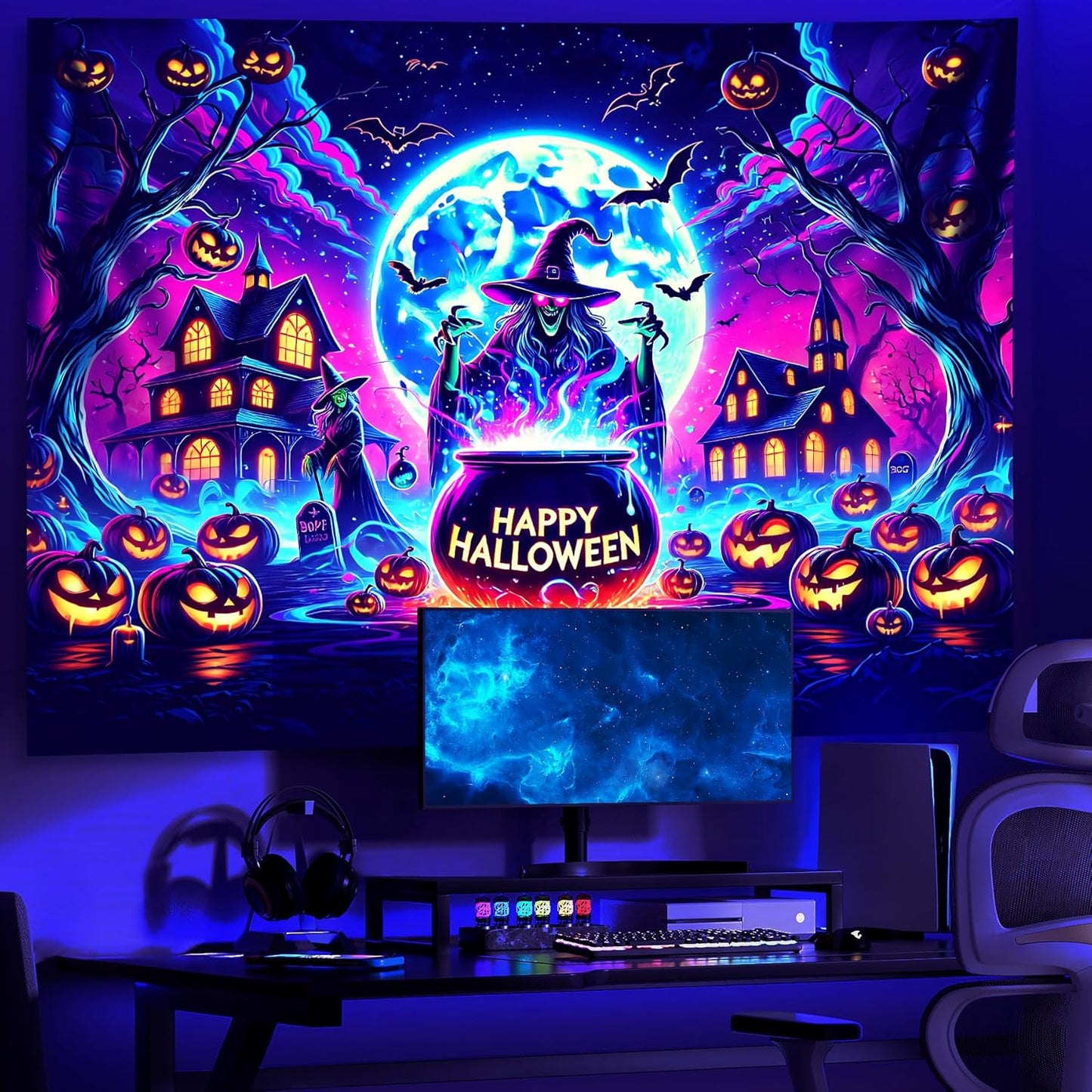 AOHMPT Glow-in-the-Dark Halloween Tapestry - UV Reactive Black Light Wall Hanging Decor for Spooky Parties, Bedroom, Living Room (Witch-Haunted House, 79L x 59W, Unframed)