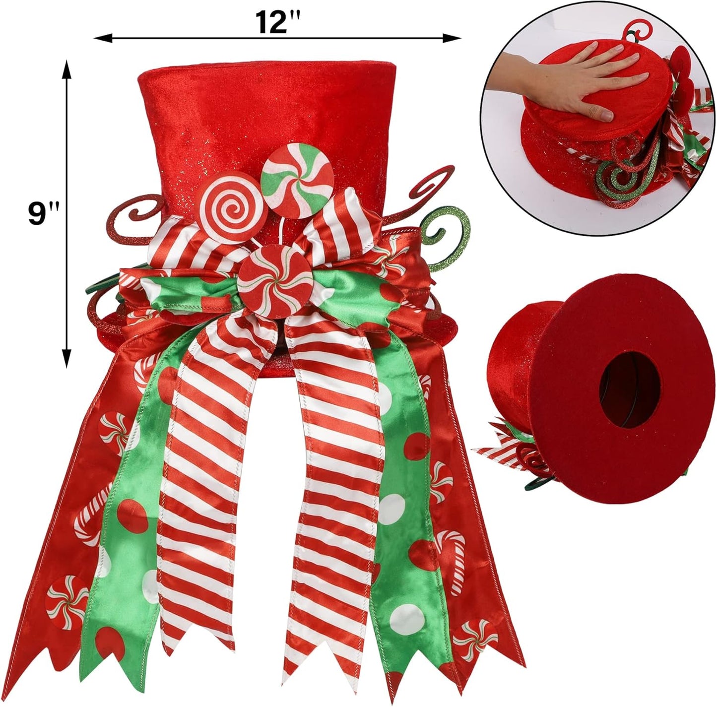 yofit Christmas Tree Topper Hat, Large Red Hat with Striped Bow Ribbon & Lollipop, Christmas Tree Decorations Top Hat, Desktop Ornaments for Home Xmas Holiday Winter Decor