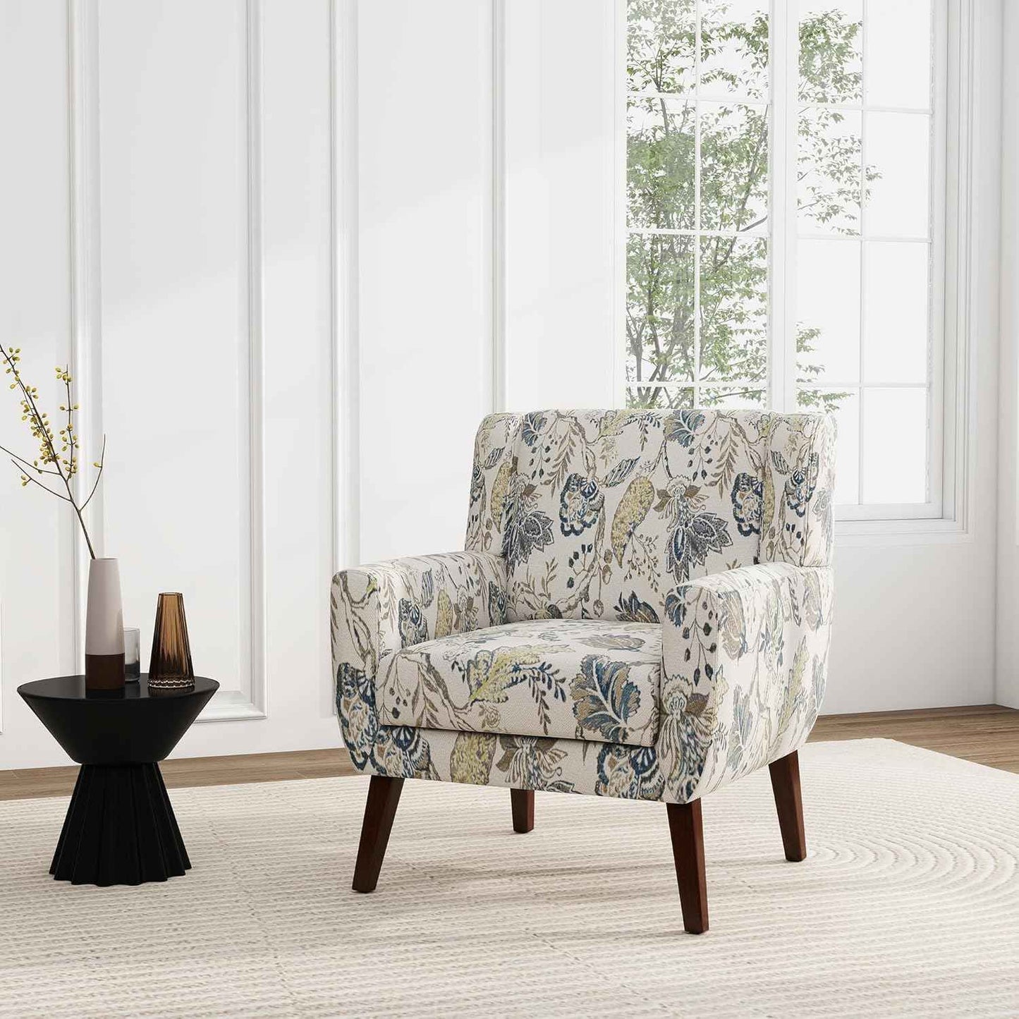 Floral Accent Chair, Modern Upholstered Armchair in Fabric for Living Room, Comfy Club Arm Chairs Single Sofa Button Tufted Bedroom Reading Seat - Pattern Leaf, Set of 1