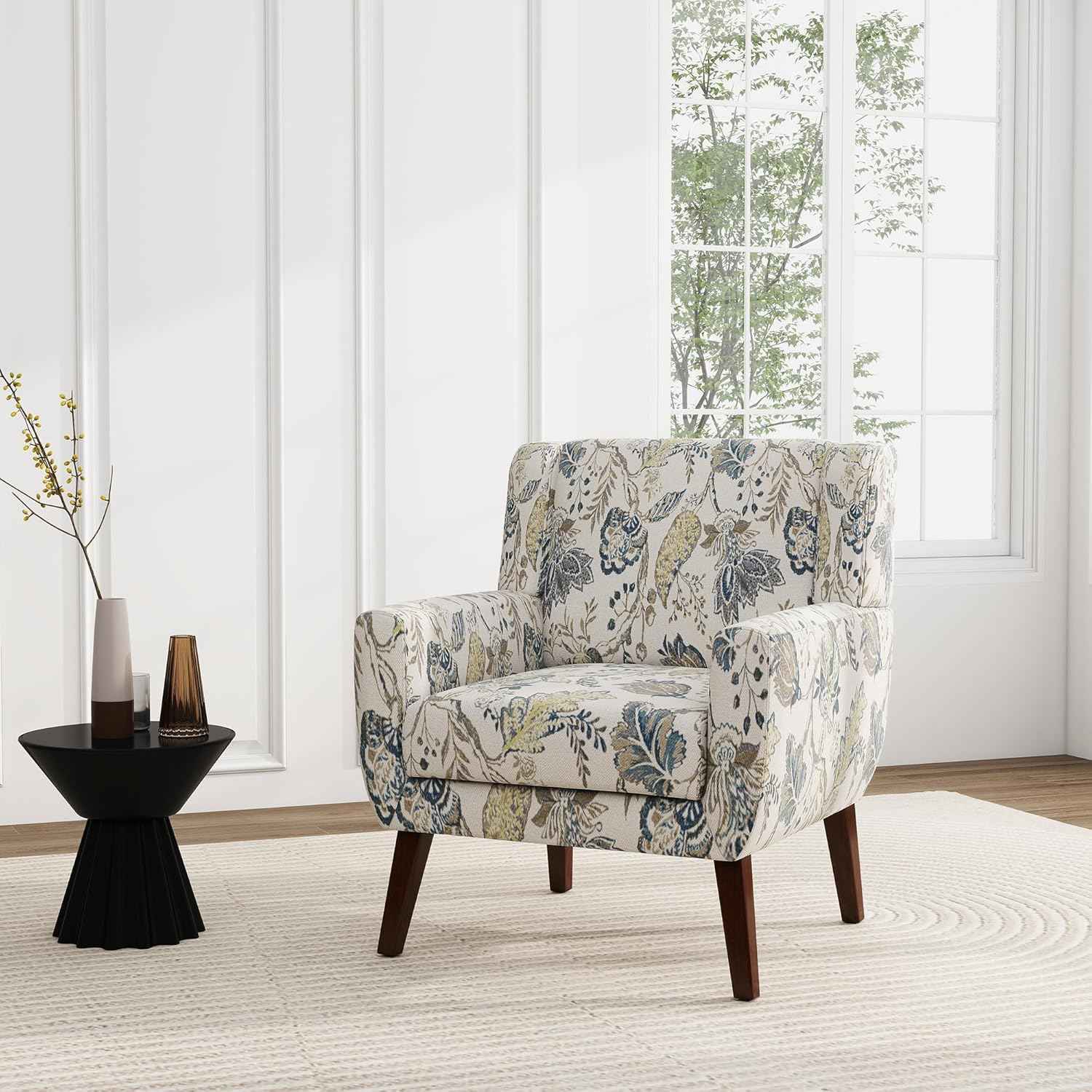 Floral Accent Chair, Modern Upholstered Armchair in Fabric for Living Room, Comfy Club Arm Chairs Single Sofa Button Tufted Bedroom Reading Seat - Pattern Leaf, Set of 1