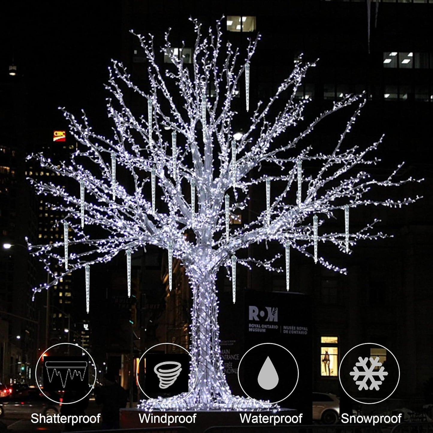 WATERGLIDE Meteor Shower Lights, 12" Outdoor Icicle Christmas Lights 8 Icicles 192 SMD LED Crystal Ice Falling Light, Connectable Raindrop Iciclelight, Xmas Winter Party Tree Holiday Decor, White
