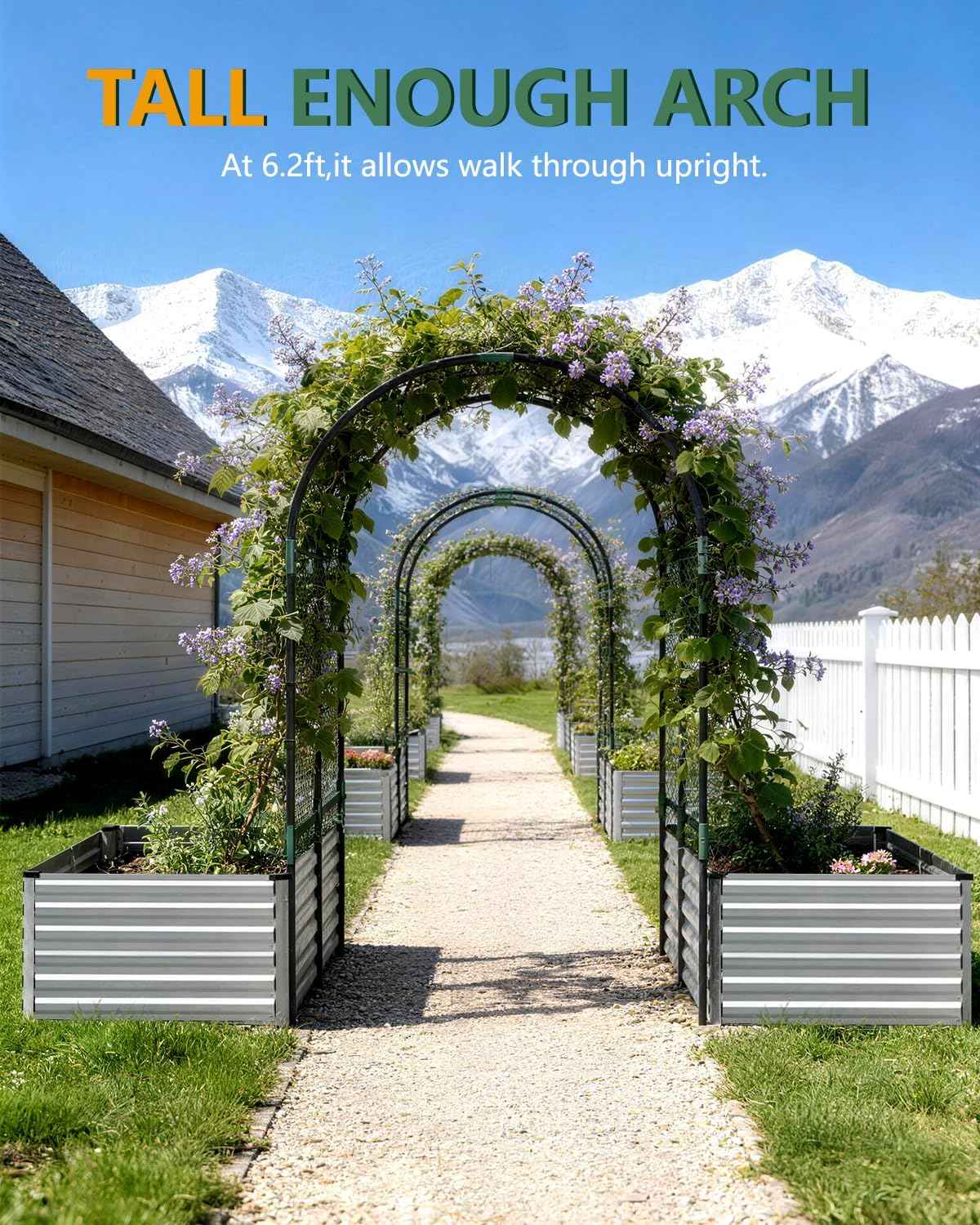 Raised Garden Bed with Arch Trellis for Climbing Plants,Galvanized Raised Garden Bed, Planter Boxes Outdoor for Vegetables Flowers Herb,269 Gallon Capacity Silver