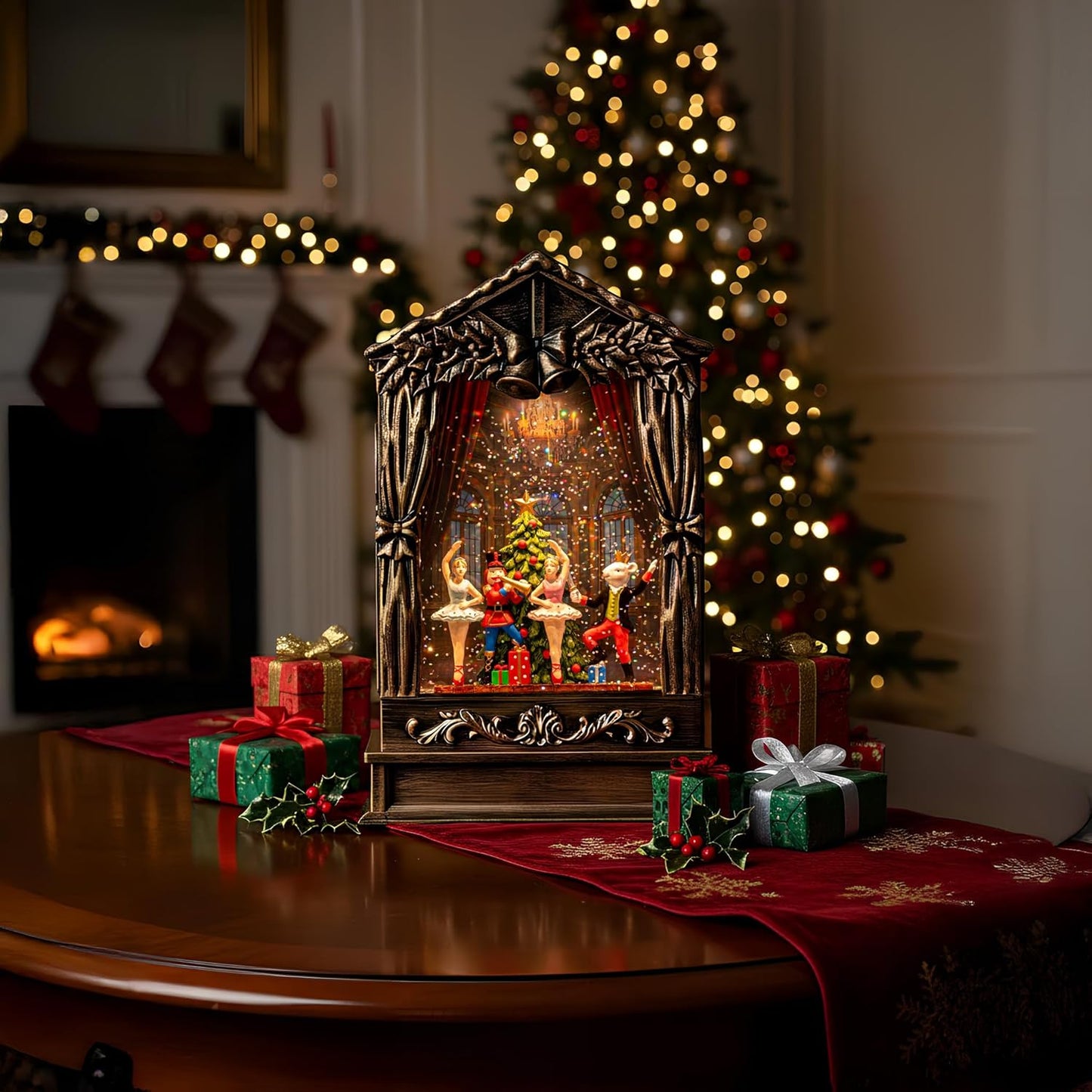 Christmas Snow Globe Lantern Water Glittering Nutcracker Ballet Theatre with Music & Timer, USB Lined/Battery Operated Lighted Lantern for Christmas Festival Decoration Gifts