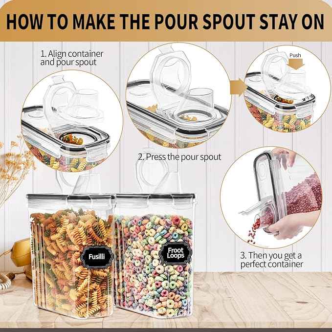PRAKI Cereal Containers Storage Set (4L,135.2 Oz), 4PCS Airtight Food Storage Containers with Pour Spout for Kitchen & Pantry Organization Cereal Dispensers with 20 labels, Measuring Cup & Marker