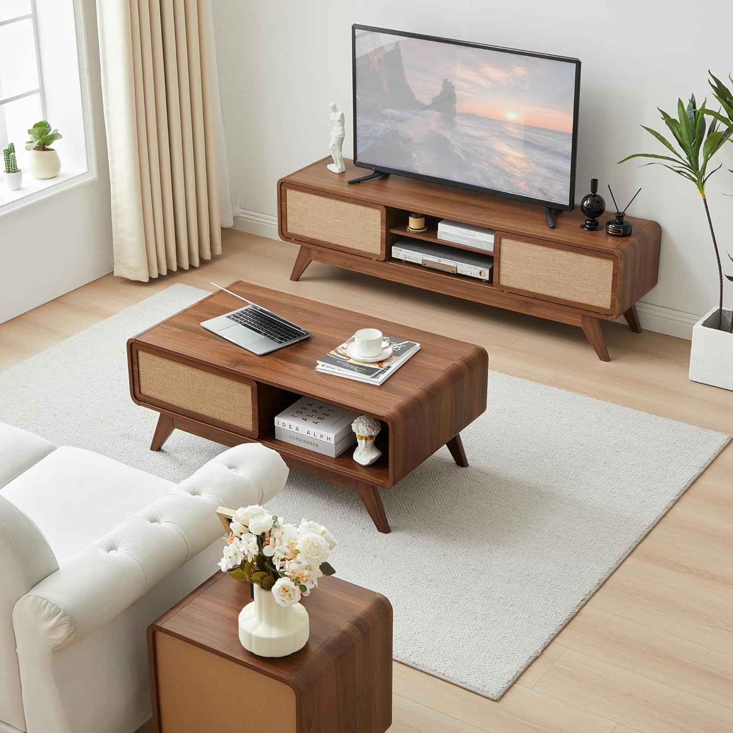 AVZEAR Mid Century Modern Coffee Table with Storage, Curved Edge Wood Coffee Table with Sliding Nature Linen Door, Farmhouse Center Table Rectangle Coffee Table for Living Room, Office, Walnut