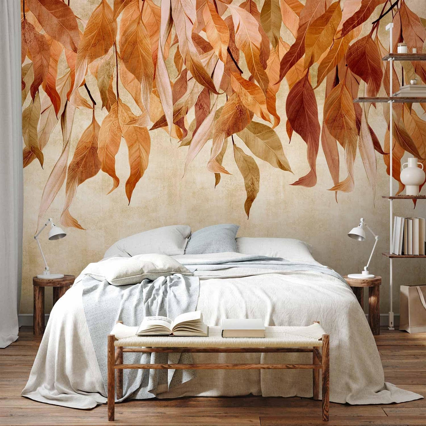 artgeist Wall Mural Hanging Leaves 173x124 in - Peel and Stick Self-Adhesive Wallpaper Removable Large Sticker Foil Wall Decor Print Picture Design Nature Botanical Concrete Orange b-C-10146-a-c