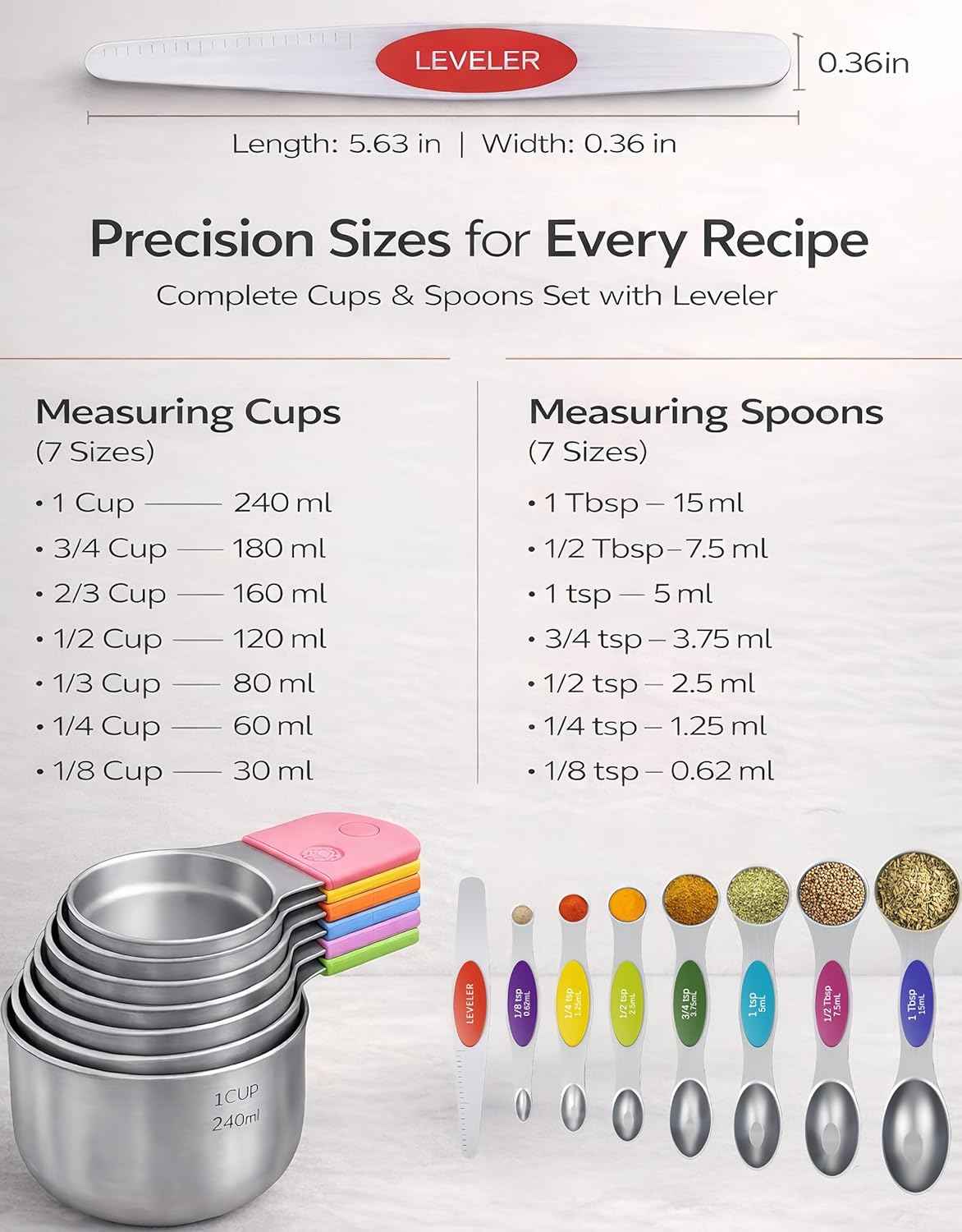Magnetic Measuring Cups and Spoons Set304 Stainless Steel Dual Scale Set of 15, Strong N52 Magnetic Nesting Design with Leveler, for Dry&Liquid Ingredients, Dishwasher Safe(Colorful)