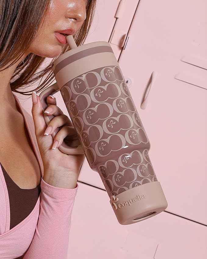 40 oz Insulated Tumbler with Handle and Push-Button Straw Lid, Stainless Steel Travel Cup for Gym Office, Leakproof, BPA-Free, Cup Holder Friendly, Bow Silicone Boot, Brown (C’ Espresso)